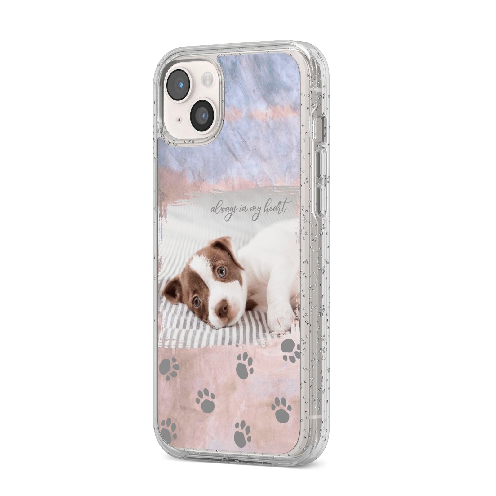 Pet Photo Personalised iPhone 14 Plus Glitter Tough Case Starlight Angled Image