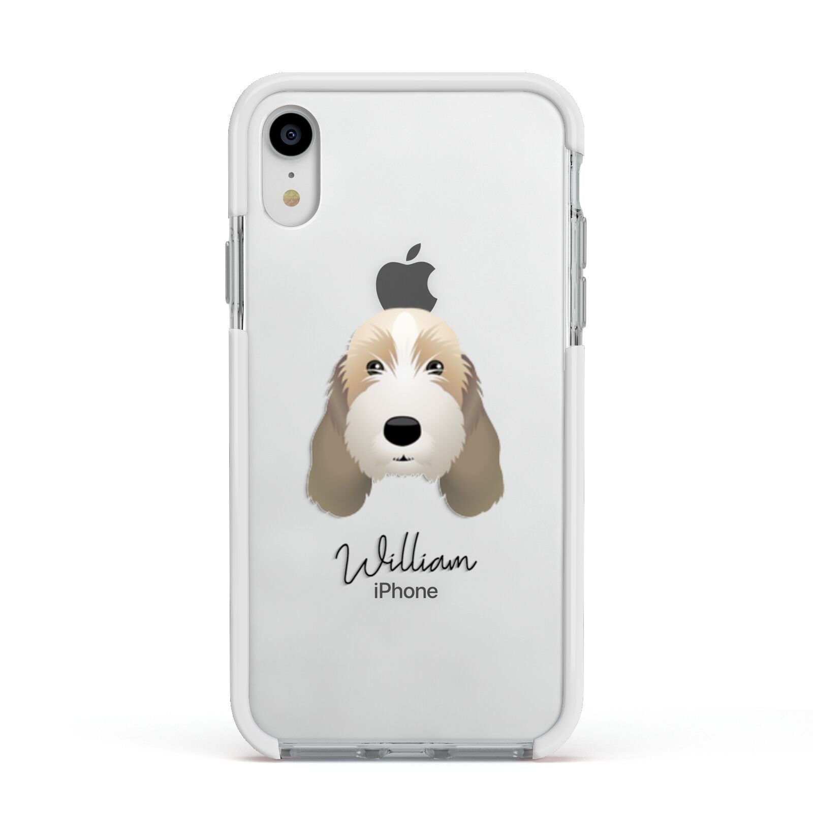 Petit Basset Griffon Vendeen Personalised Apple iPhone XR Impact Case White Edge on Silver Phone