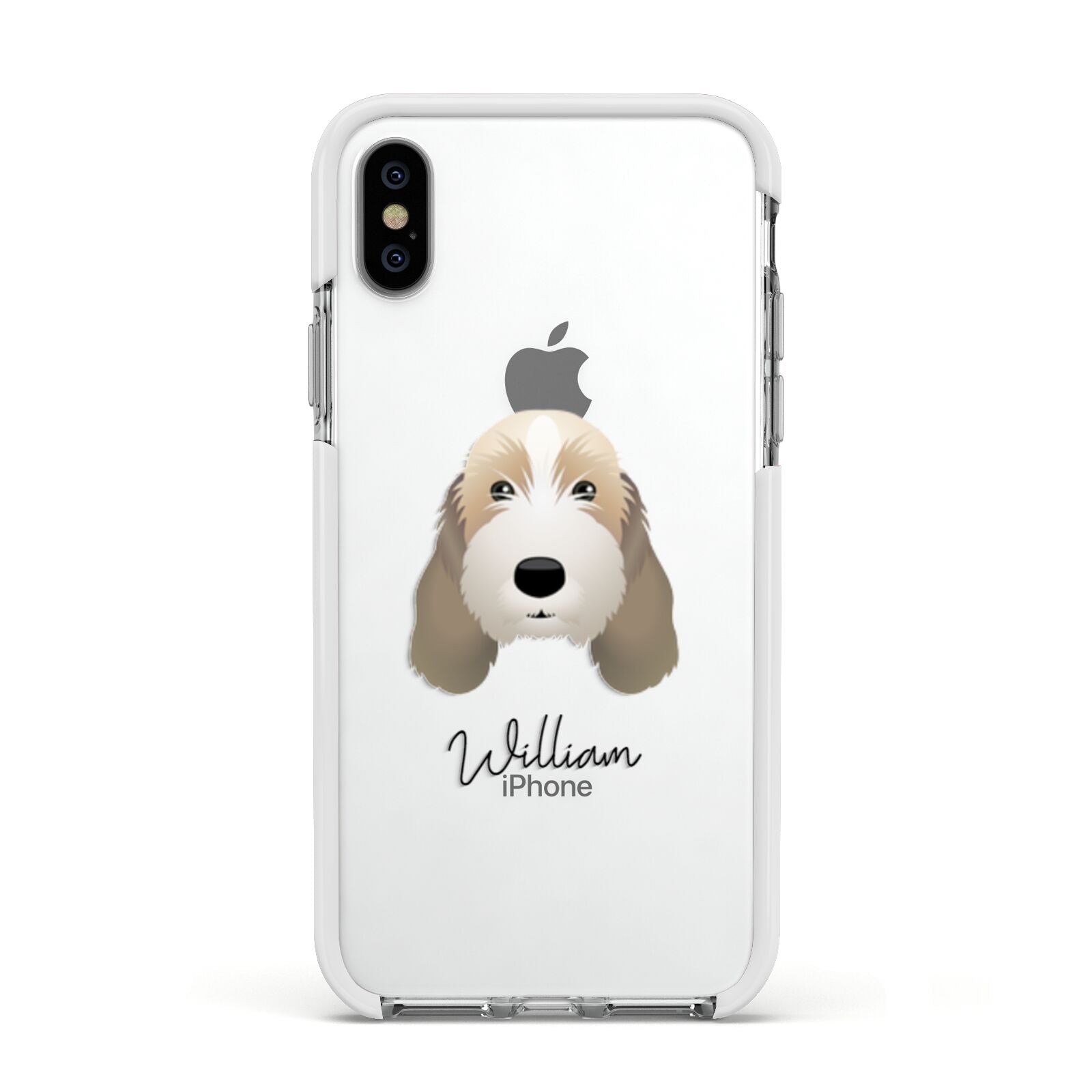 Petit Basset Griffon Vendeen Personalised Apple iPhone Xs Impact Case White Edge on Silver Phone