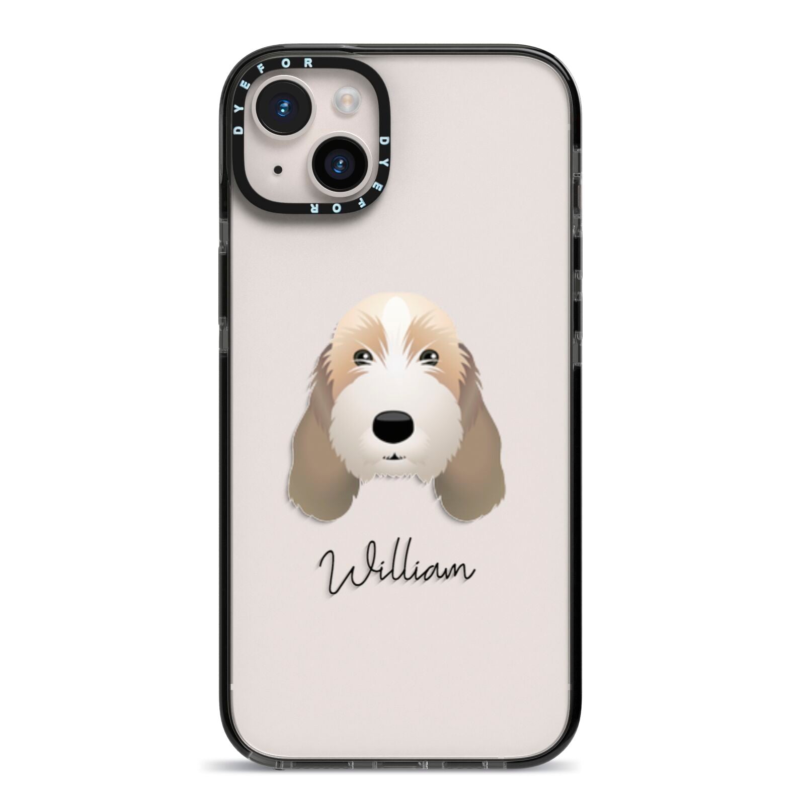 Petit Basset Griffon Vendeen Personalised iPhone 14 Plus Black Impact Case on Silver phone