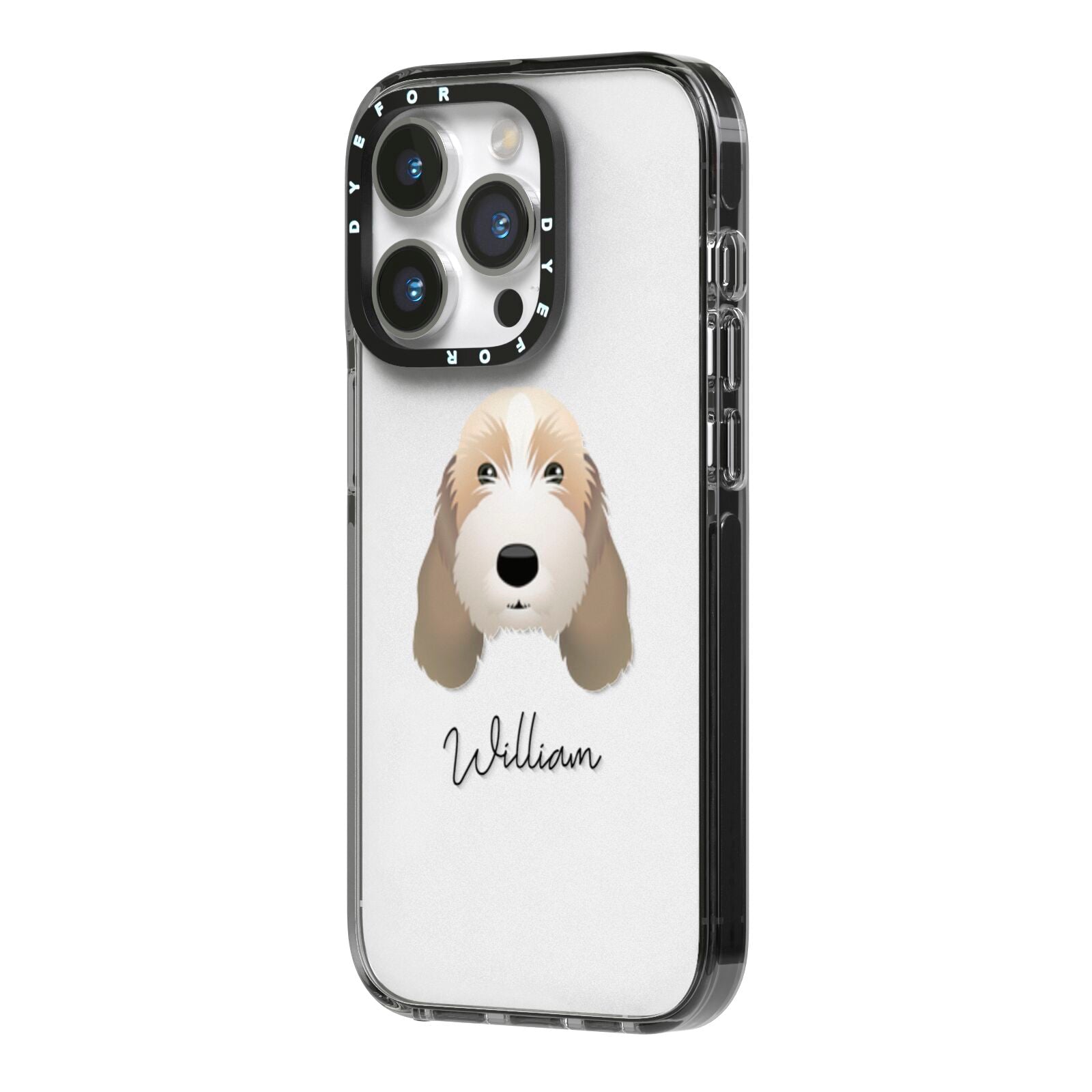 Petit Basset Griffon Vendeen Personalised iPhone 14 Pro Black Impact Case Side Angle on Silver phone