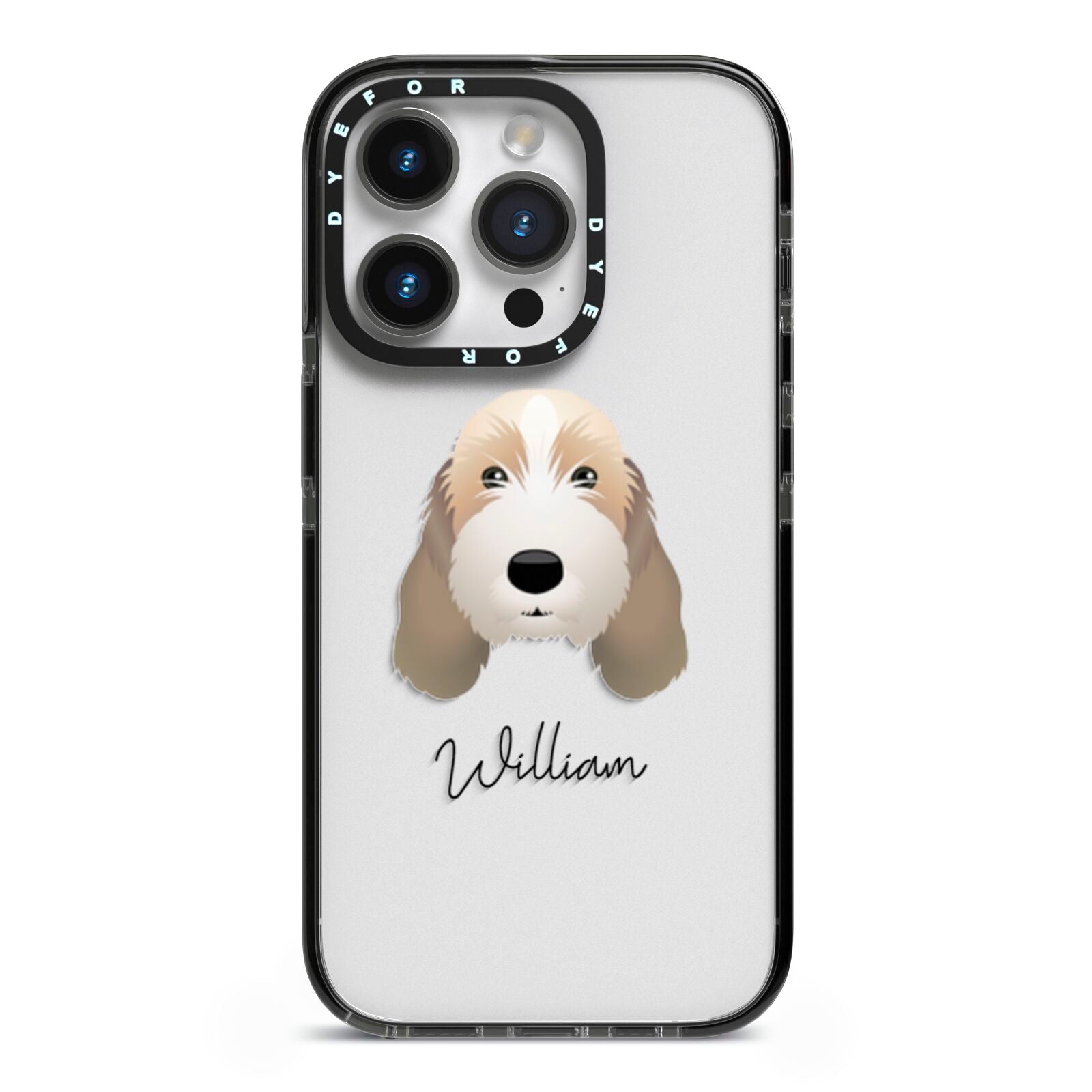 Petit Basset Griffon Vendeen Personalised iPhone 14 Pro Black Impact Case on Silver phone