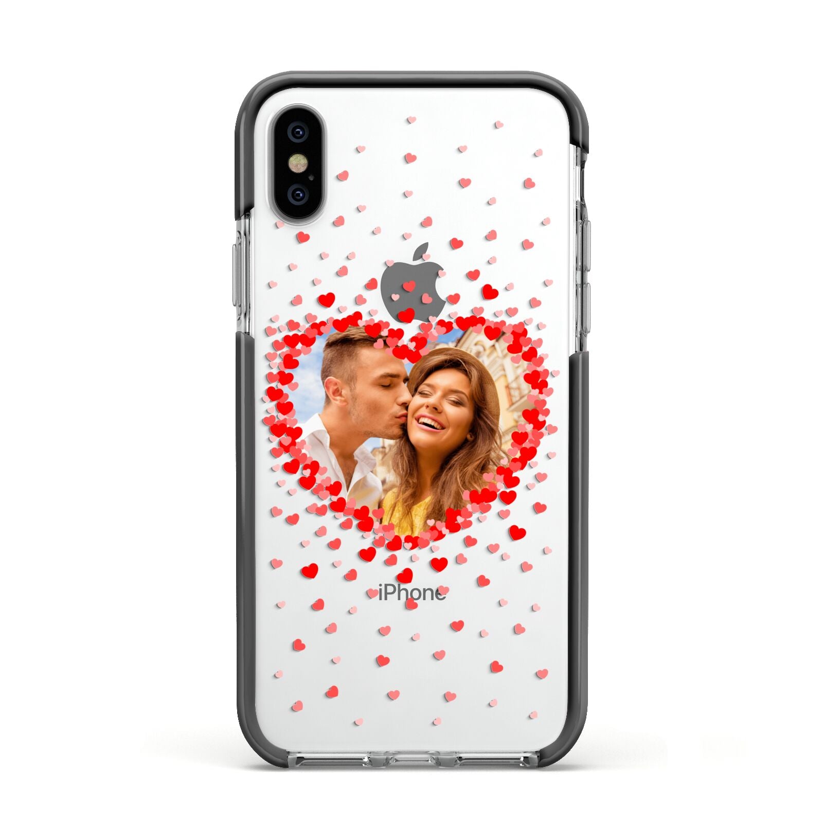 Photo Confetti Heart Apple iPhone Xs Impact Case Black Edge on Silver Phone