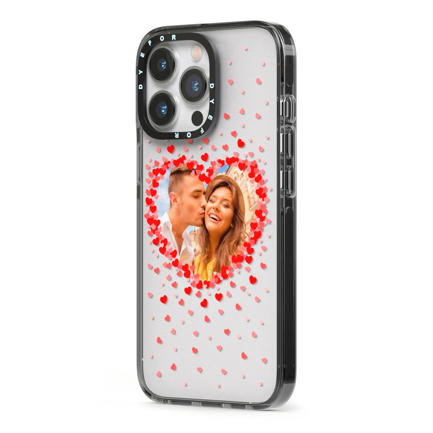 Photo Confetti Heart iPhone 13 Pro Black Impact Case Side Angle on Silver phone