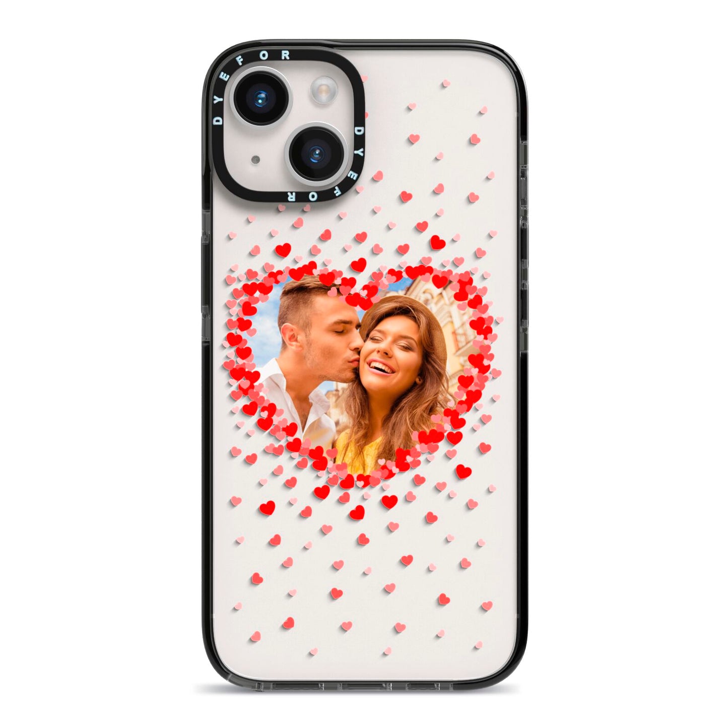 Photo Confetti Heart iPhone 14 Black Impact Case on Silver phone