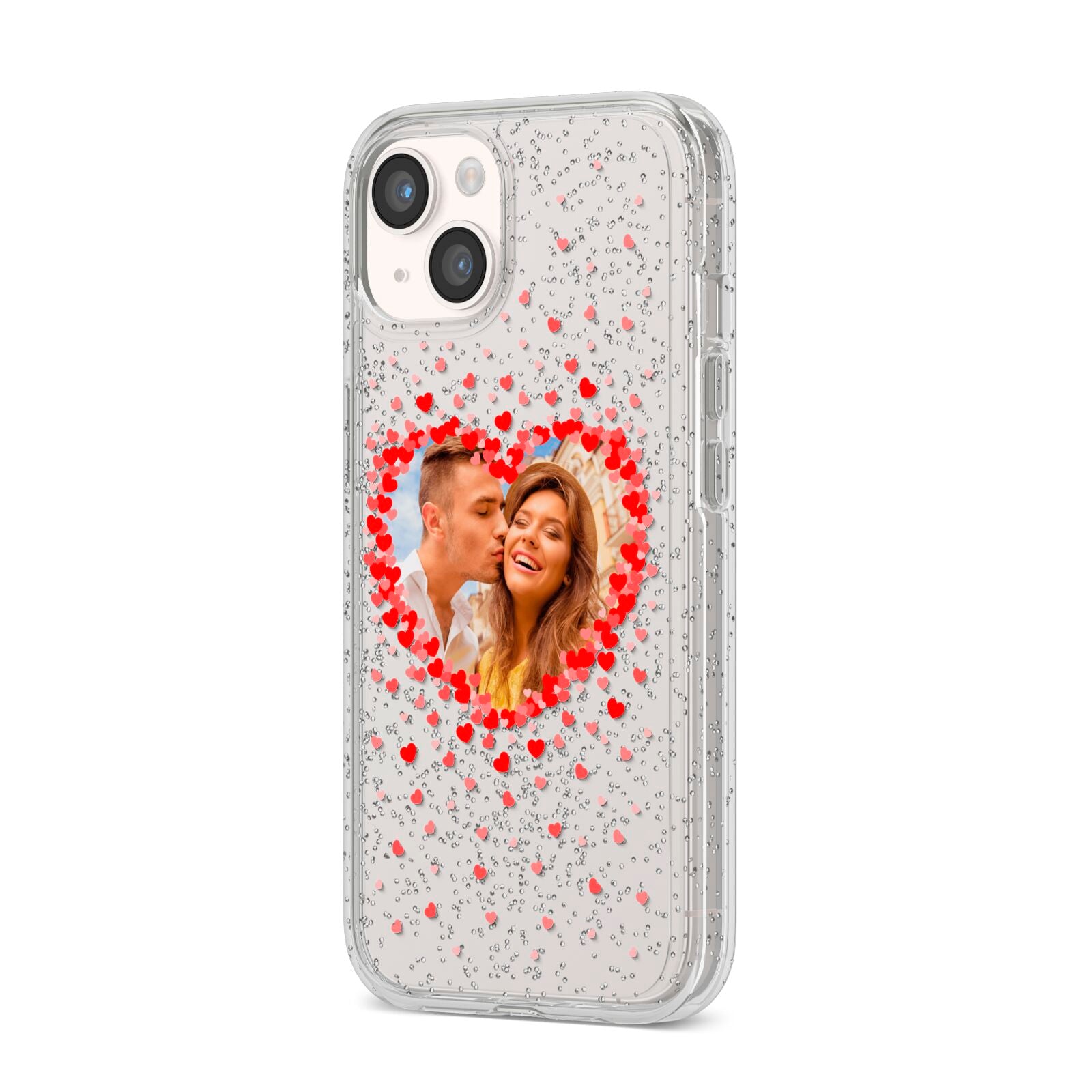 Photo Confetti Heart iPhone 14 Glitter Tough Case Starlight Angled Image