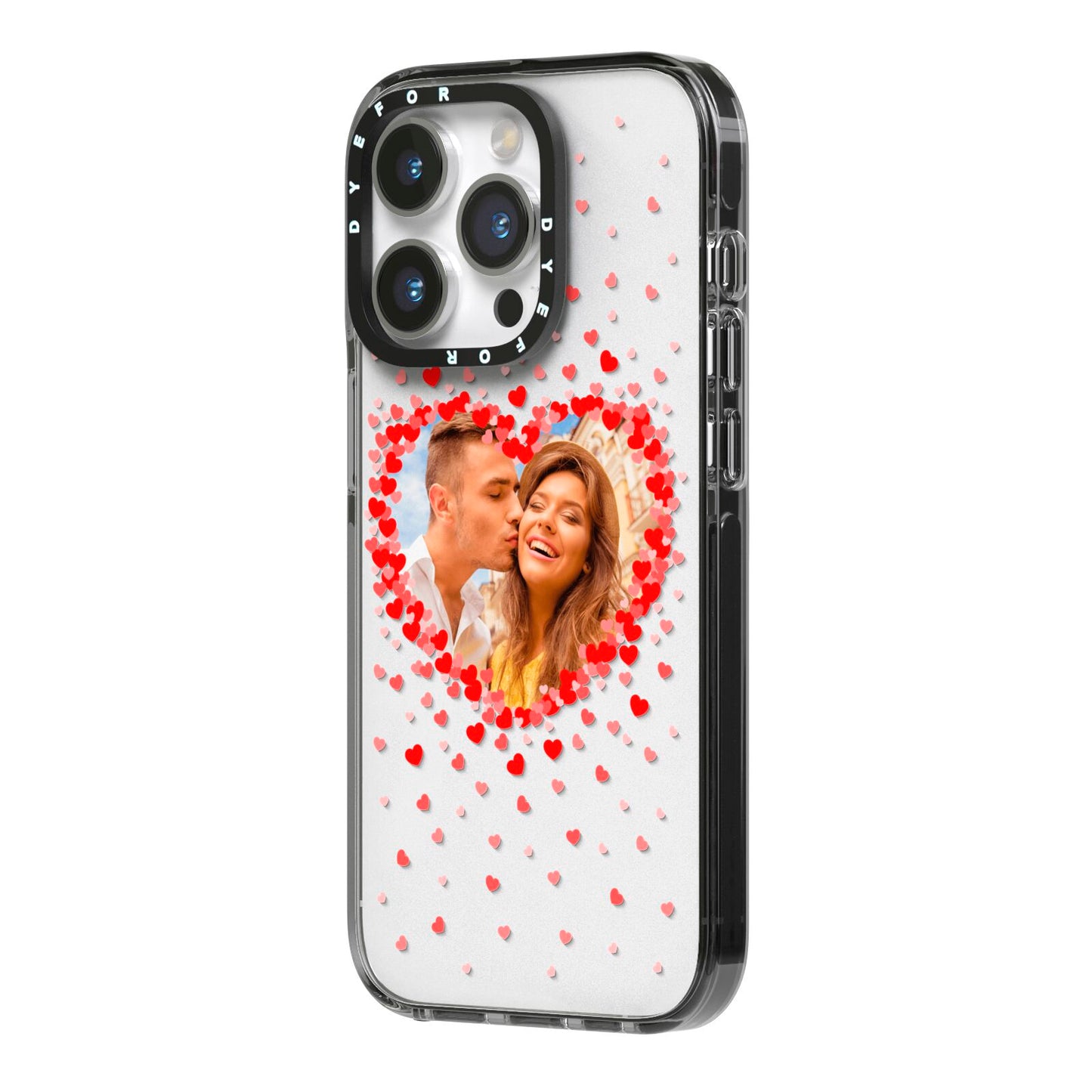 Photo Confetti Heart iPhone 14 Pro Black Impact Case Side Angle on Silver phone