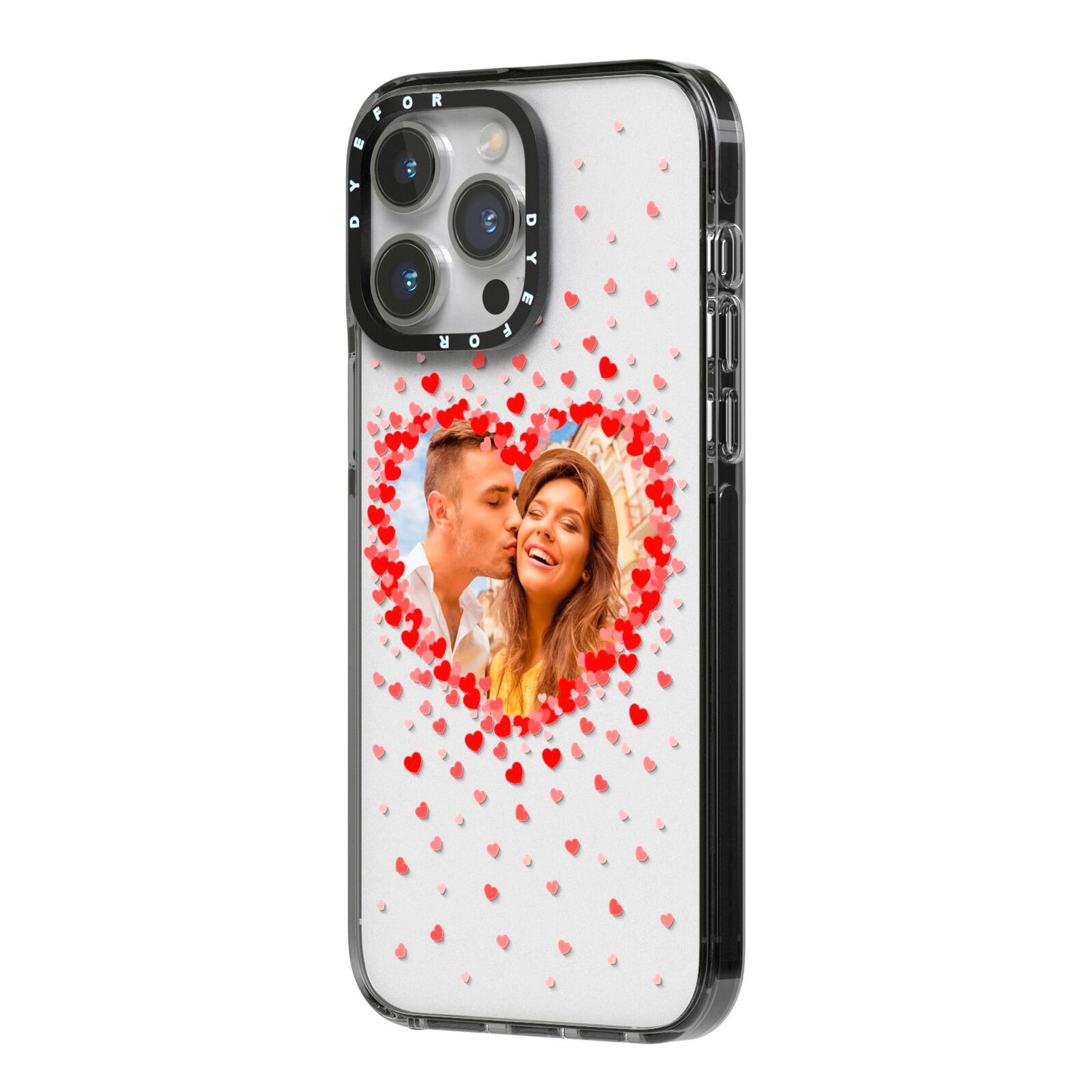 Photo Confetti Heart iPhone 14 Pro Max Black Impact Case Side Angle on Silver phone