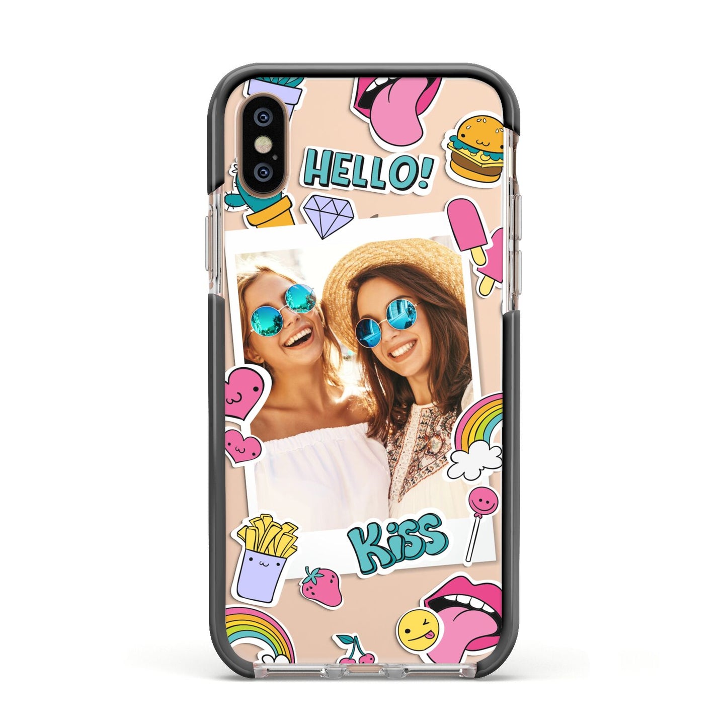 Photo Cute Stickers Apple iPhone Xs Impact Case Black Edge on Gold Phone