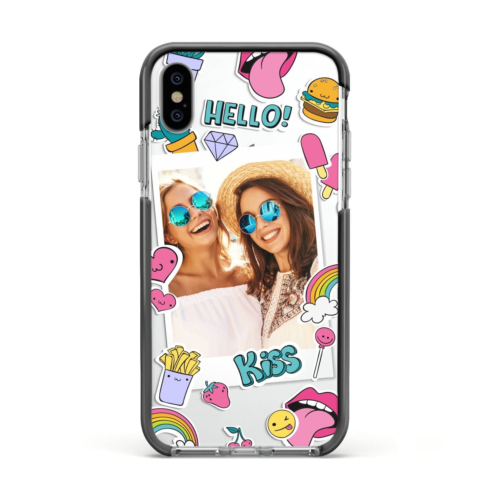 Photo Cute Stickers Apple iPhone Xs Impact Case Black Edge on Silver Phone