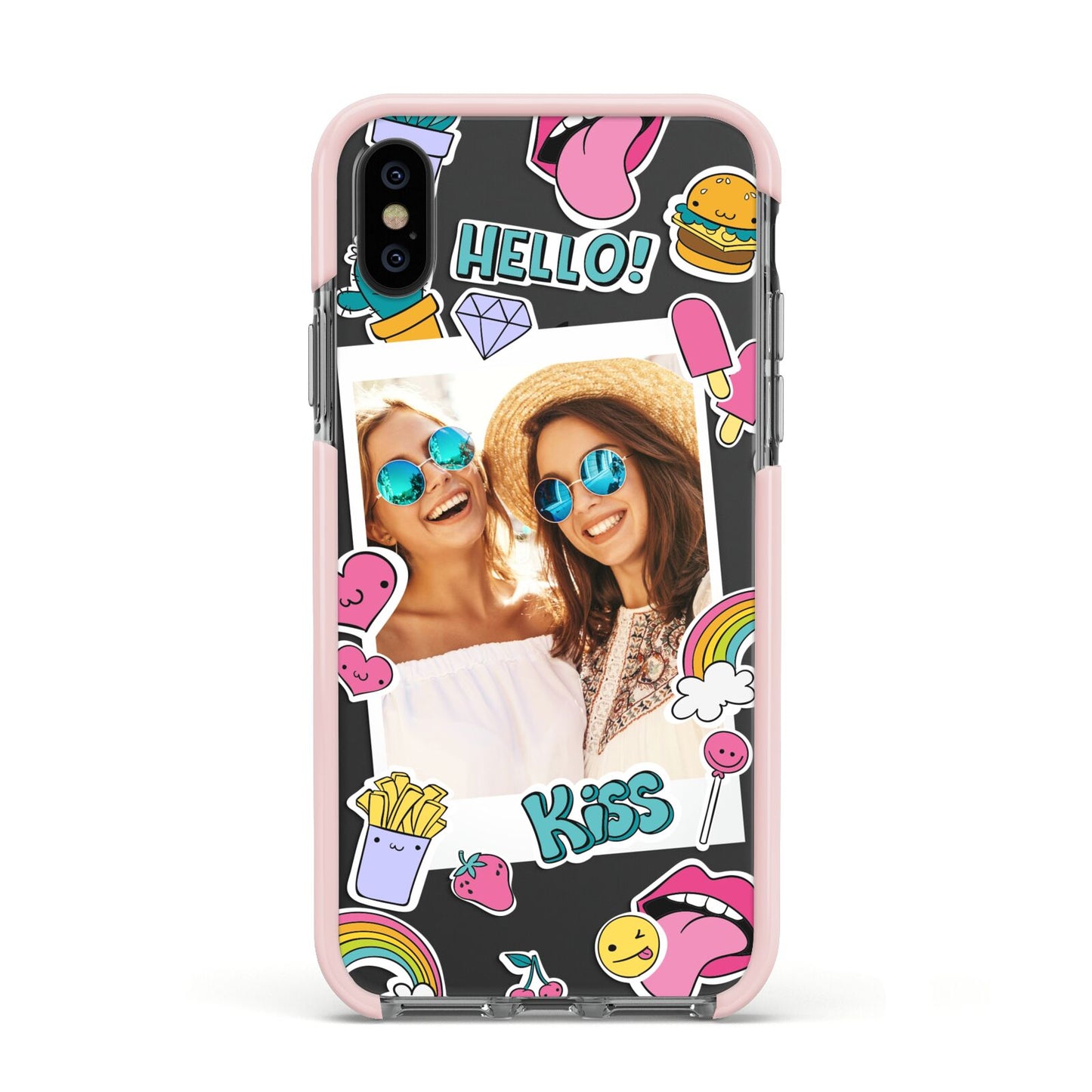 Photo Cute Stickers Apple iPhone Xs Impact Case Pink Edge on Black Phone