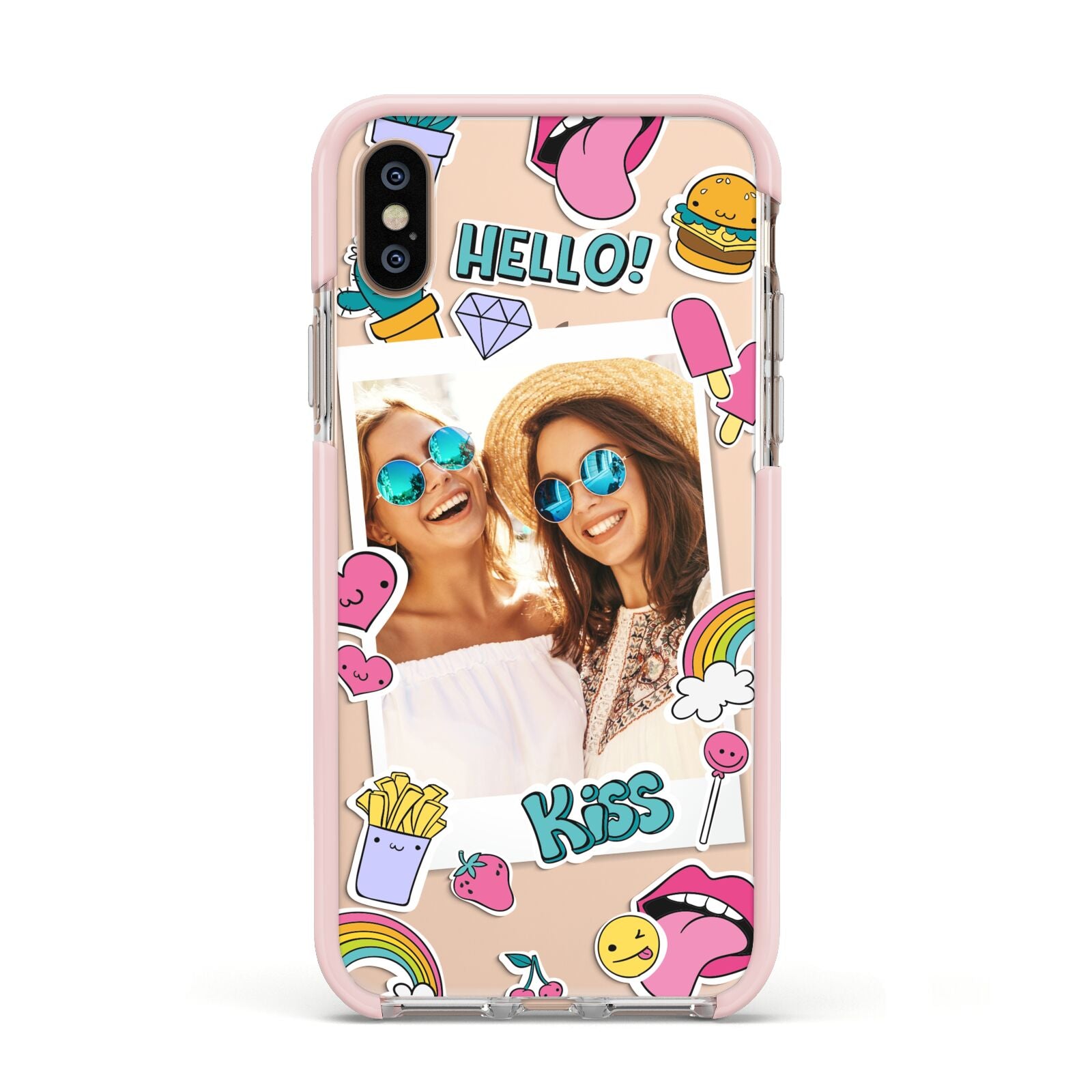 Photo Cute Stickers Apple iPhone Xs Impact Case Pink Edge on Gold Phone