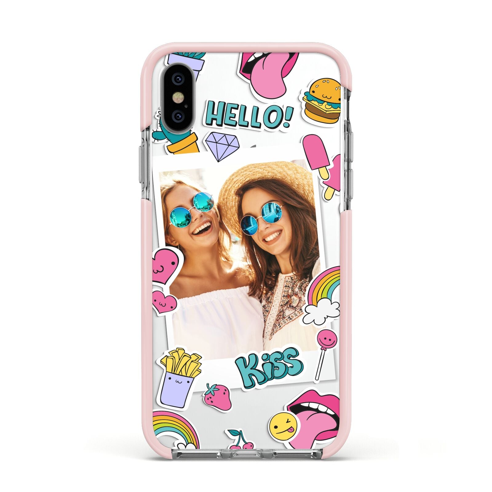 Photo Cute Stickers Apple iPhone Xs Impact Case Pink Edge on Silver Phone