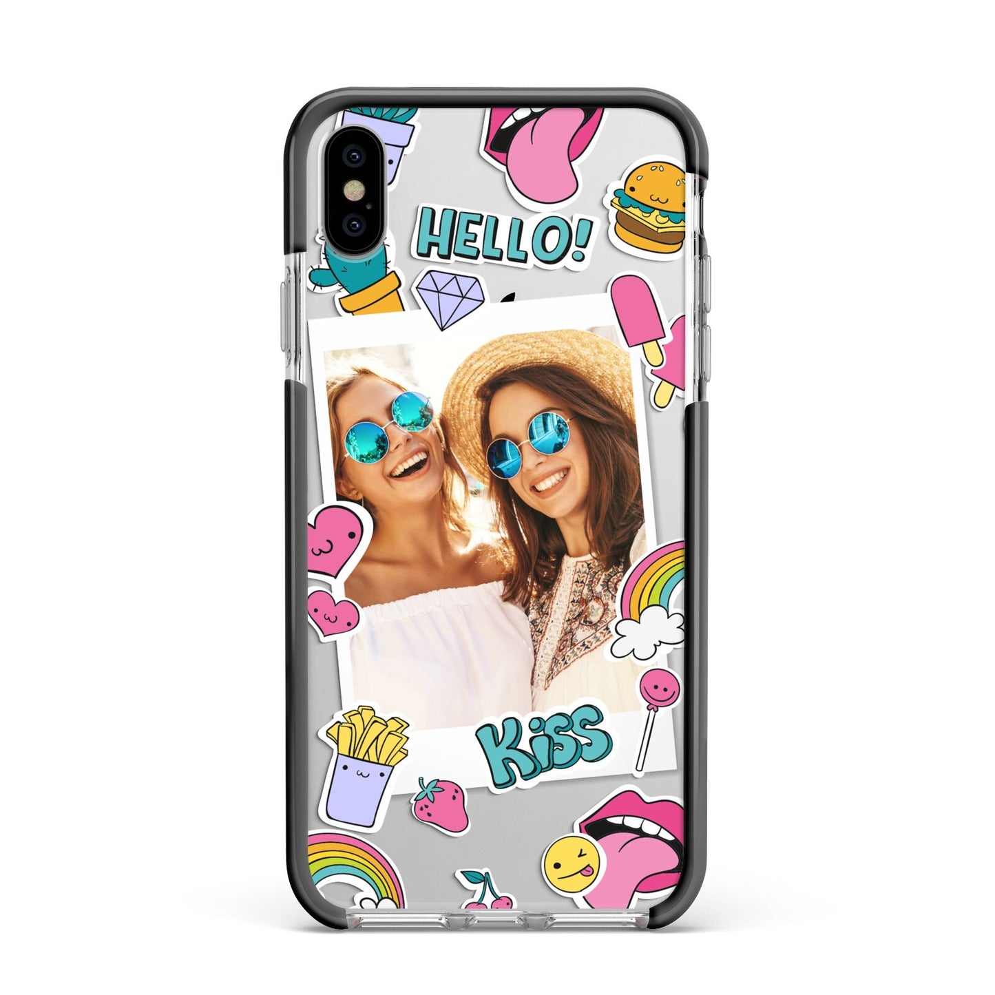 Photo Cute Stickers Apple iPhone Xs Max Impact Case Black Edge on Silver Phone