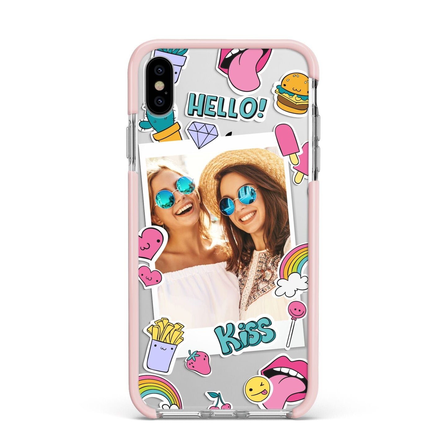 Photo Cute Stickers Apple iPhone Xs Max Impact Case Pink Edge on Silver Phone