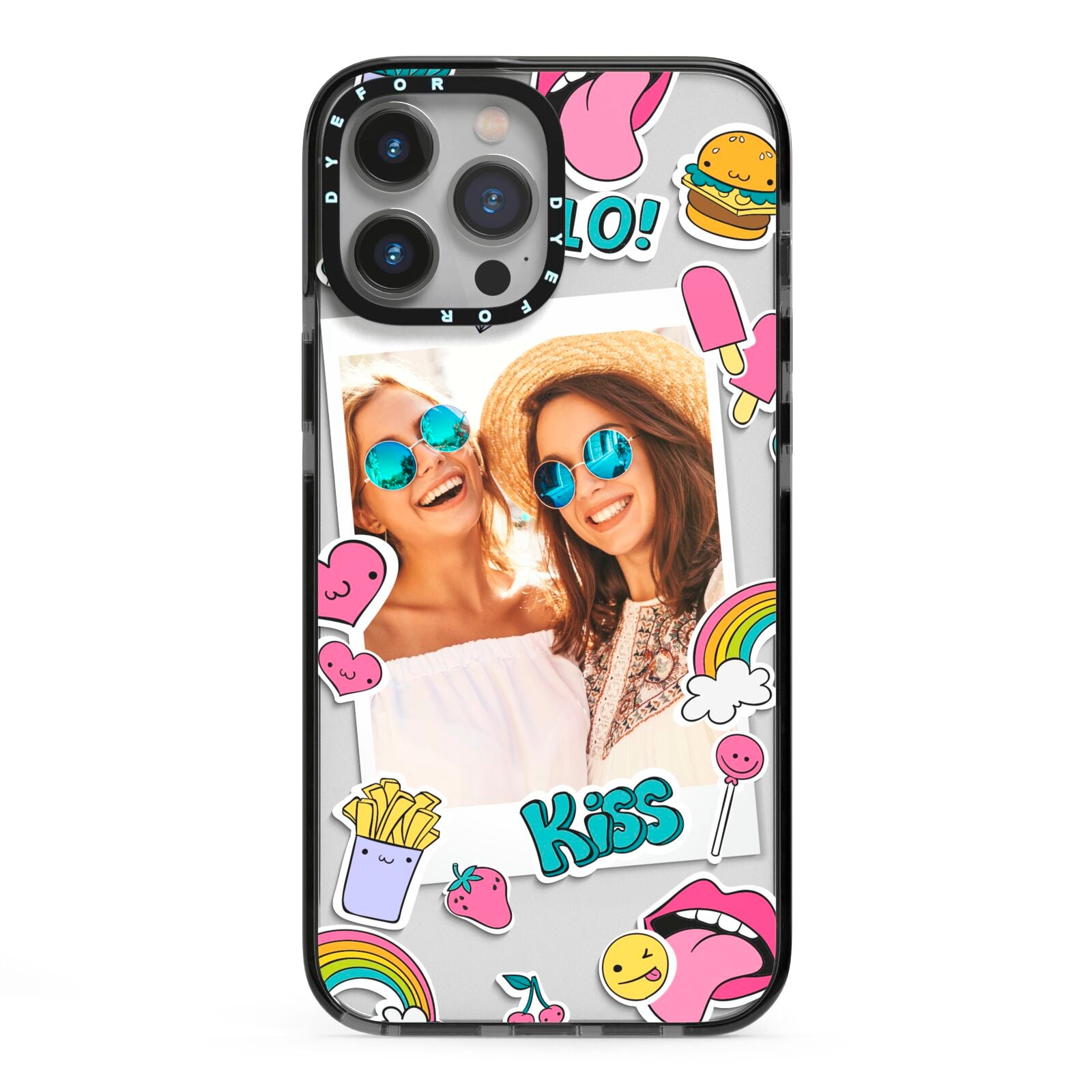 Photo Cute Stickers iPhone 13 Pro Max Black Impact Case on Silver phone