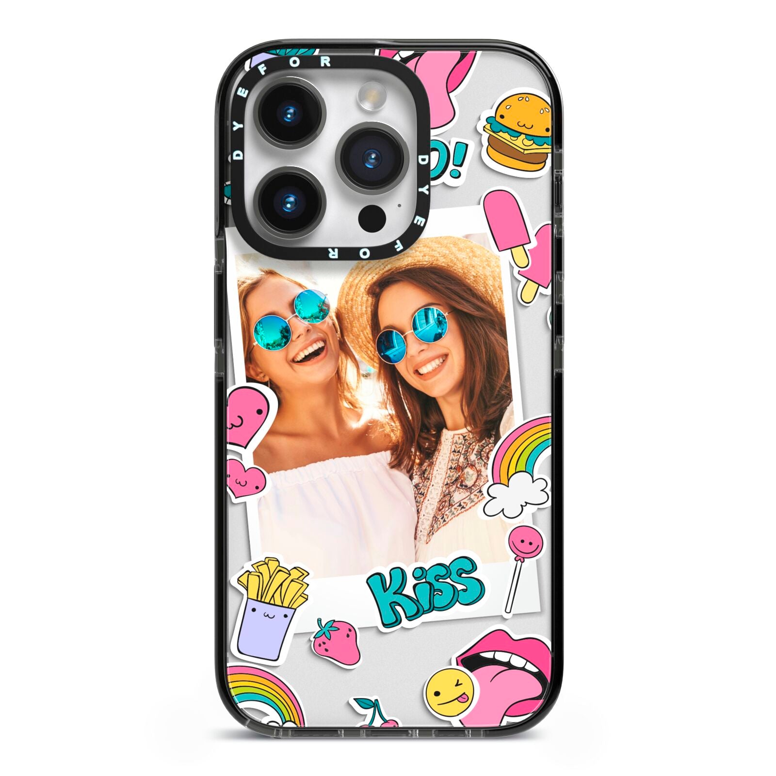 Photo Cute Stickers iPhone 14 Pro Black Impact Case on Silver phone