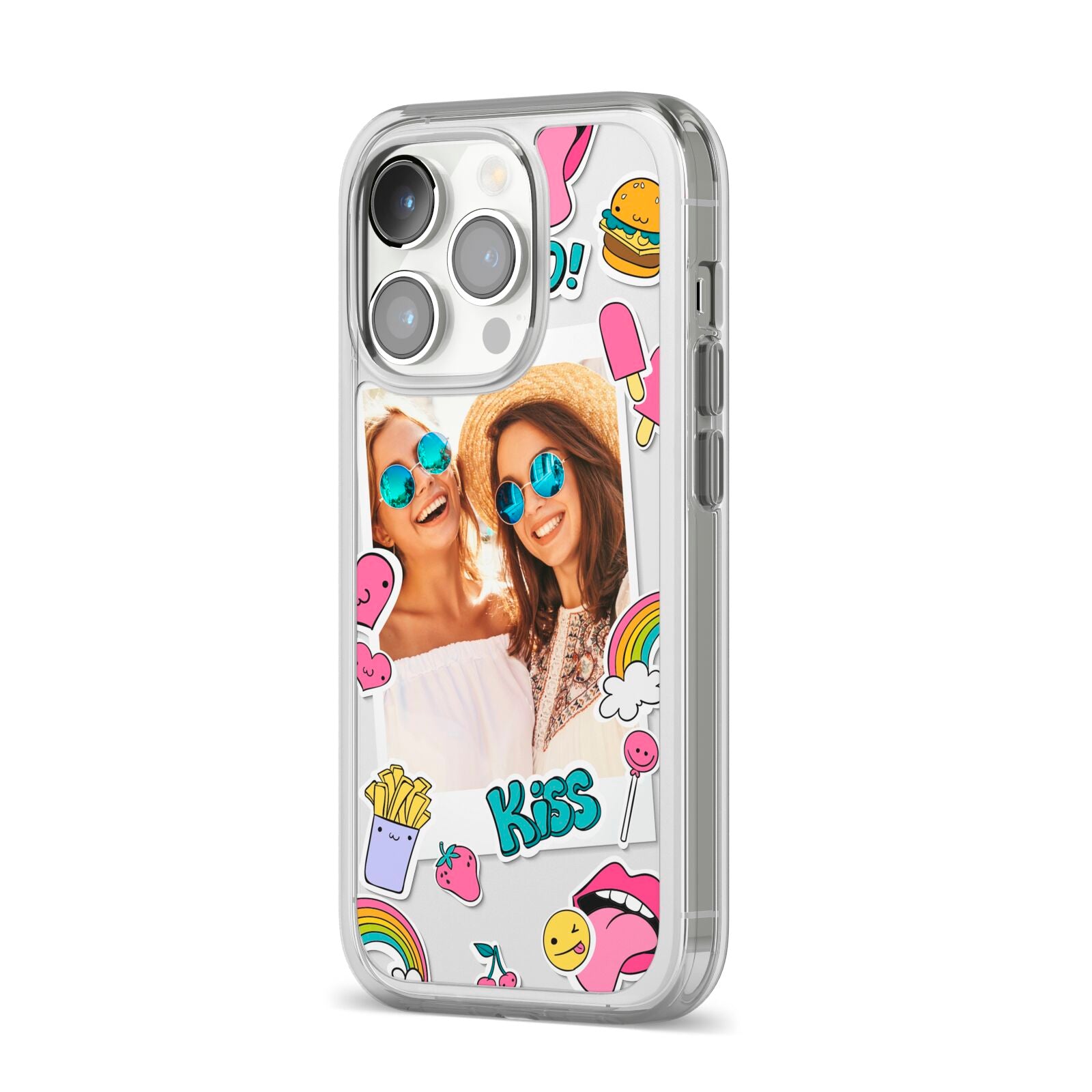 Photo Cute Stickers iPhone 14 Pro Clear Tough Case Silver Angled Image