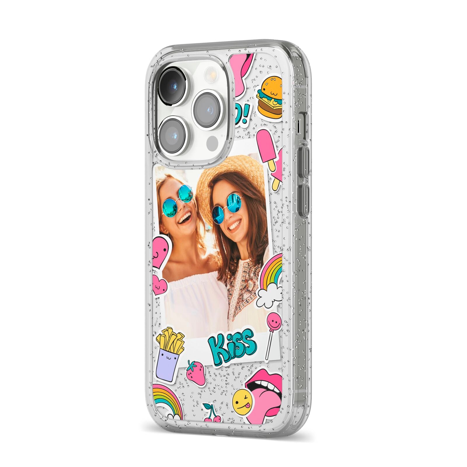 Photo Cute Stickers iPhone 14 Pro Glitter Tough Case Silver Angled Image