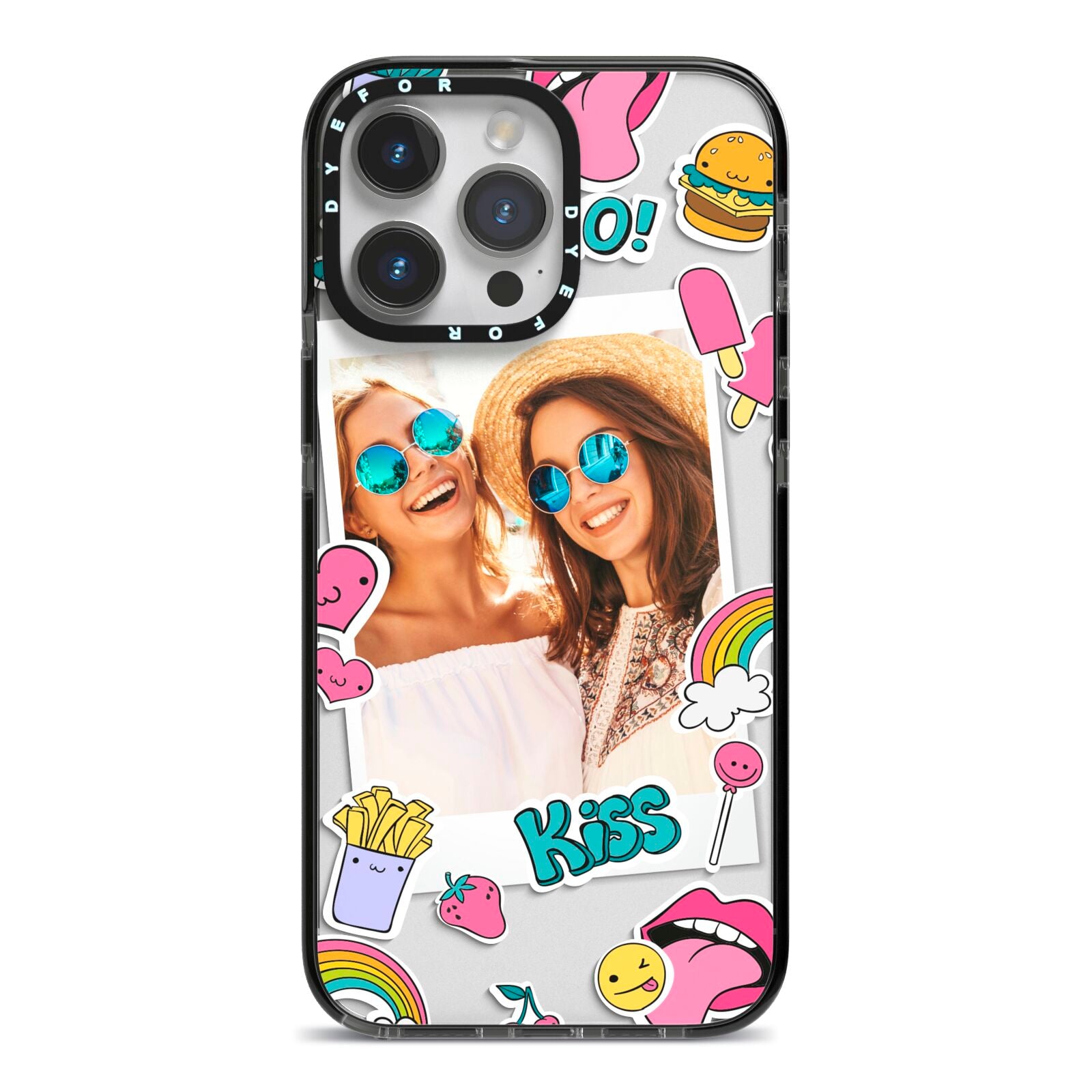 Photo Cute Stickers iPhone 14 Pro Max Black Impact Case on Silver phone