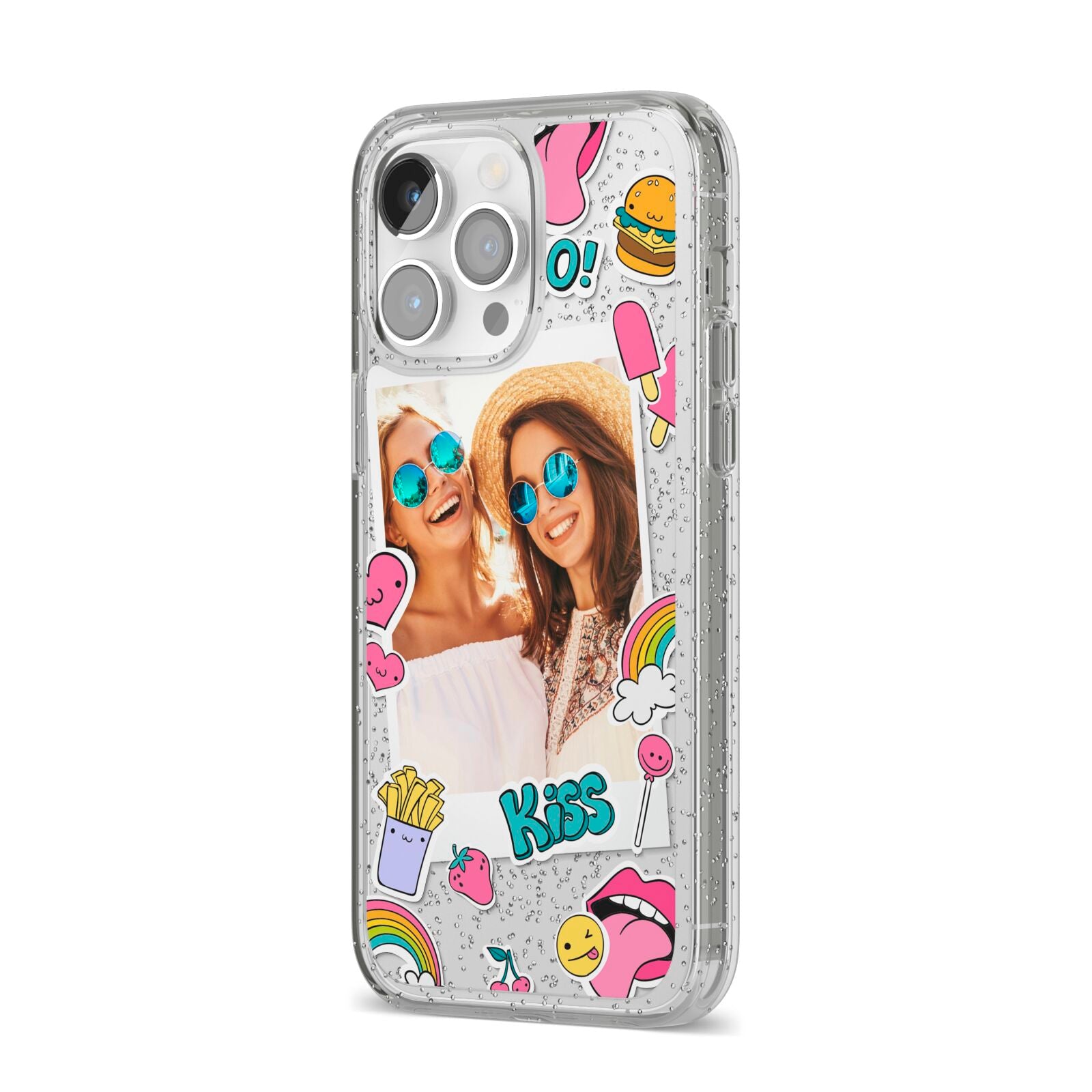 Photo Cute Stickers iPhone 14 Pro Max Glitter Tough Case Silver Angled Image