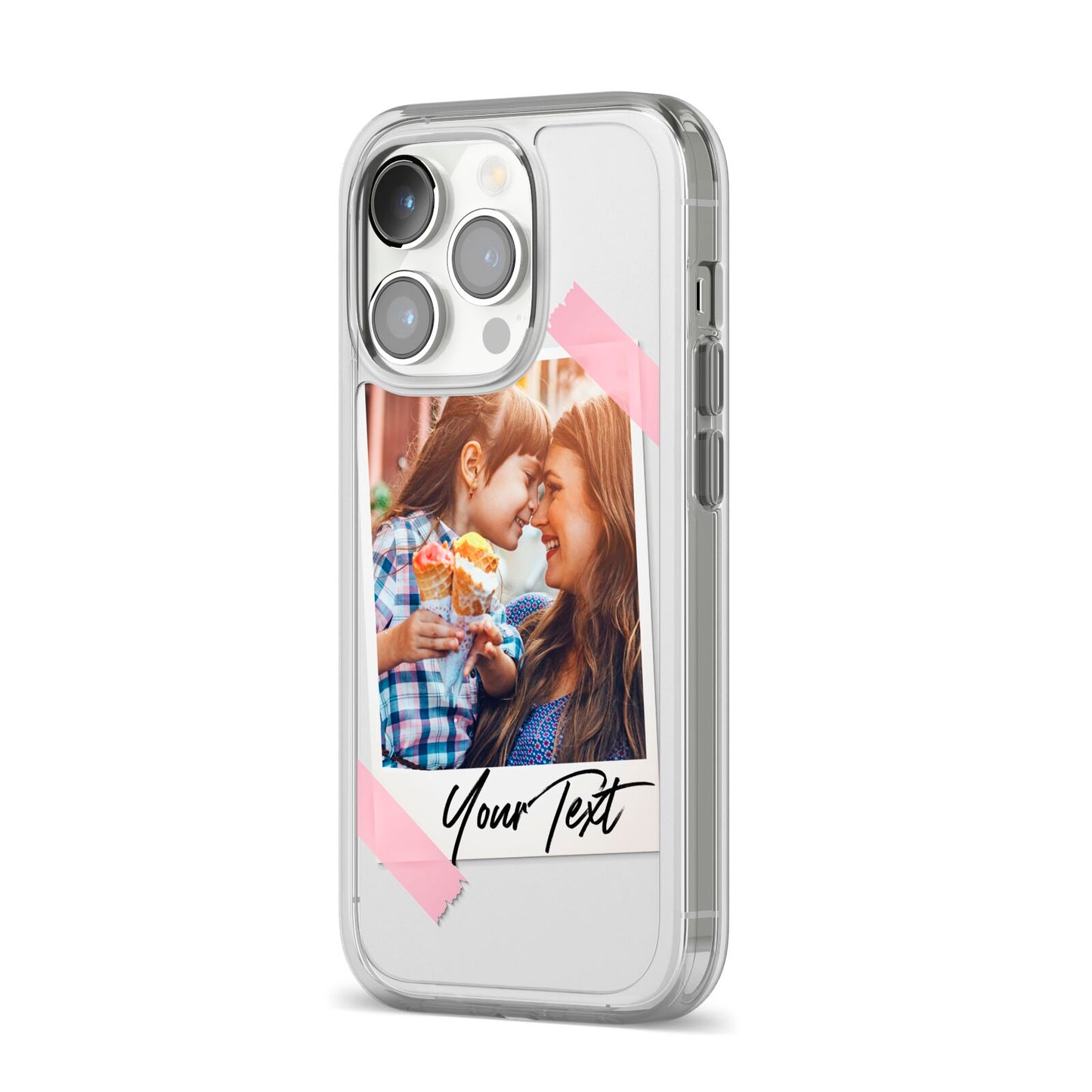 Photo Frame iPhone 14 Pro Clear Tough Case Silver Angled Image