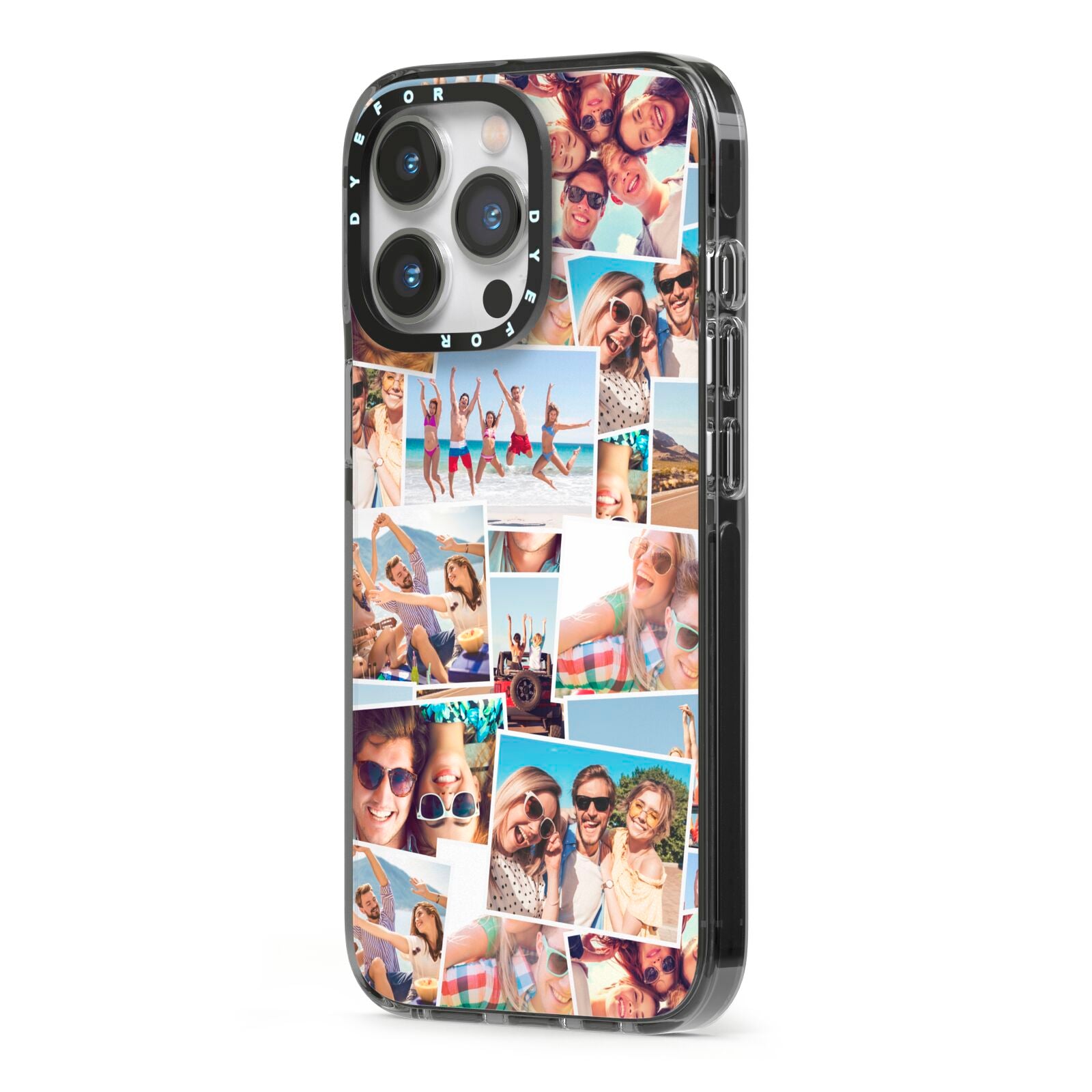 Photo Montage iPhone 13 Pro Black Impact Case Side Angle on Silver phone