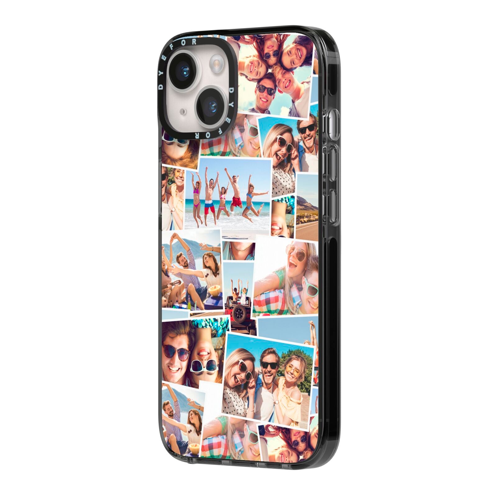 Photo Montage iPhone 14 Black Impact Case Side Angle on Silver phone