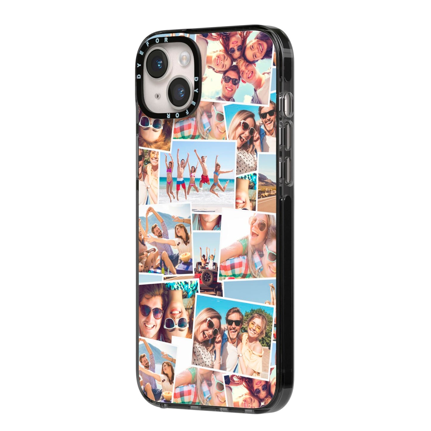 Photo Montage iPhone 14 Plus Black Impact Case Side Angle on Silver phone