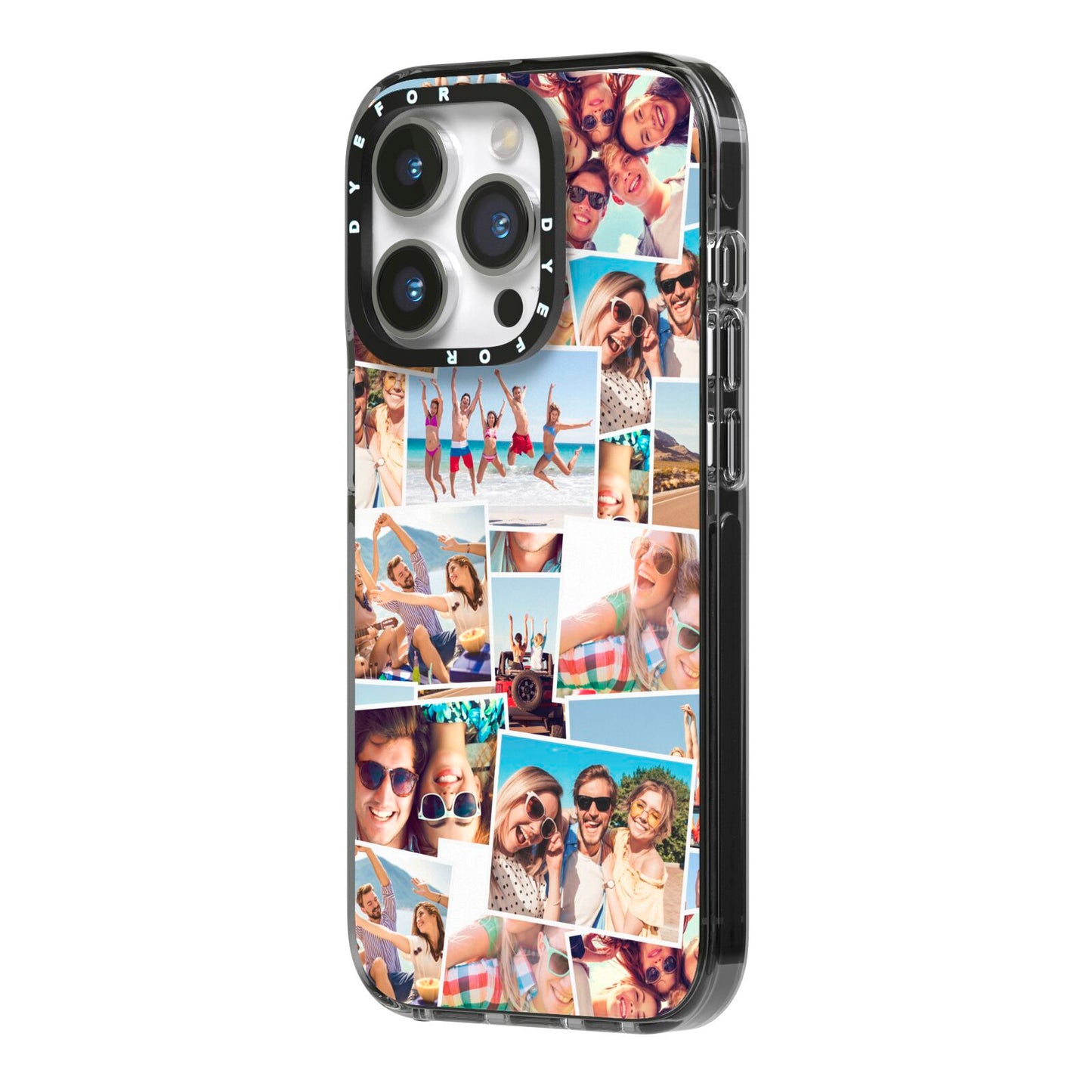 Photo Montage iPhone 14 Pro Black Impact Case Side Angle on Silver phone