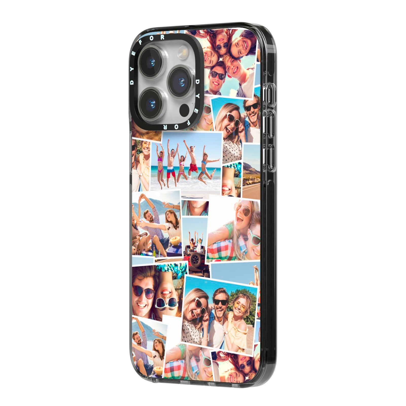 Photo Montage iPhone 14 Pro Max Black Impact Case Side Angle on Silver phone