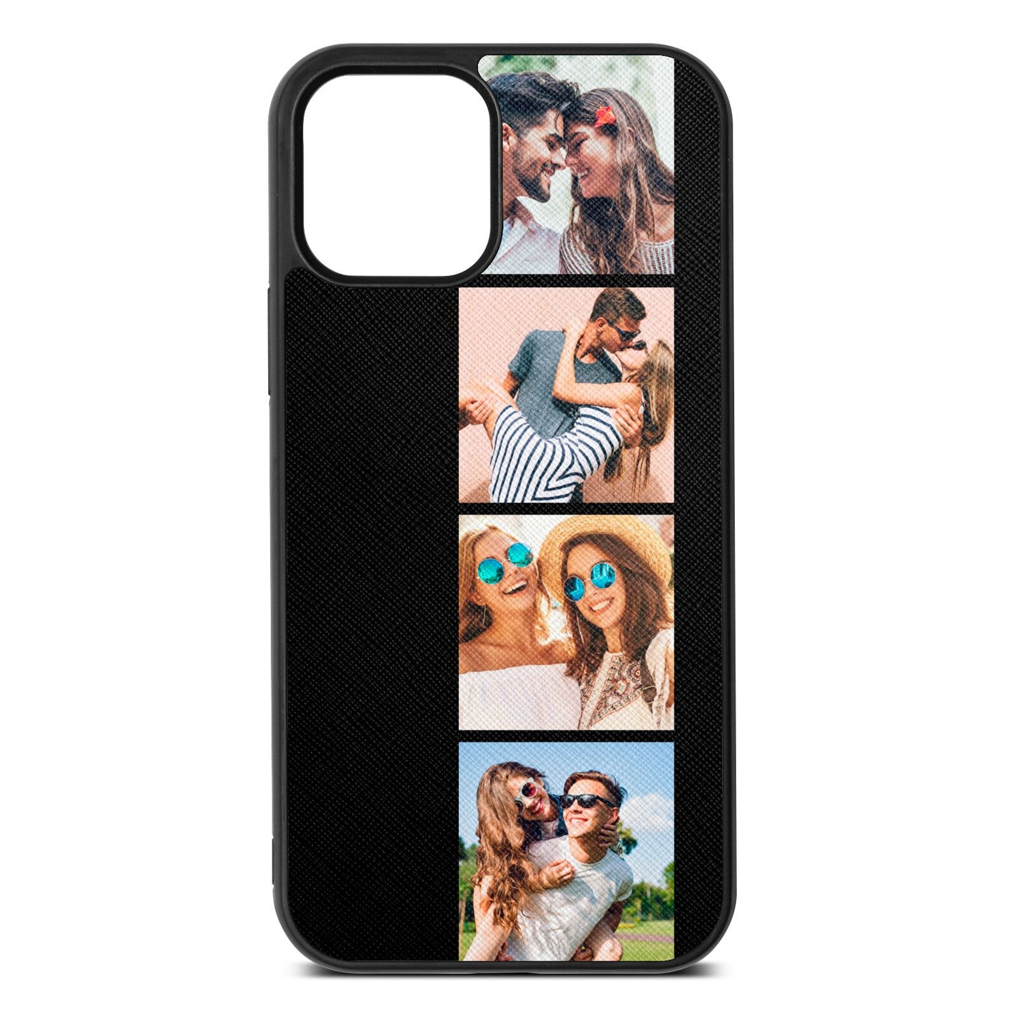 Photo Strip Montage Upload Black Saffiano Leather iPhone 12 Case