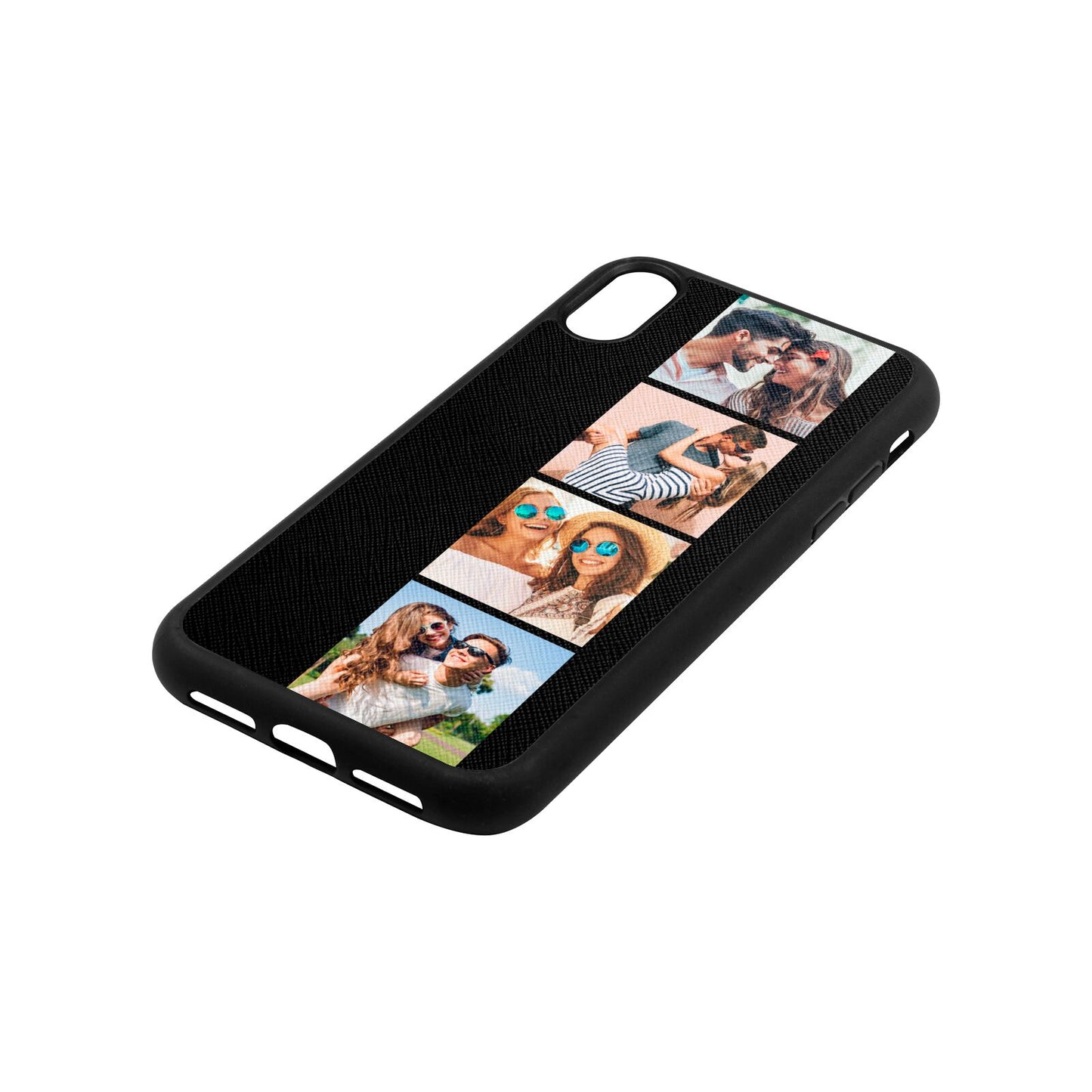 Photo Strip Montage Upload Black Saffiano Leather iPhone Xr Case Side Angle