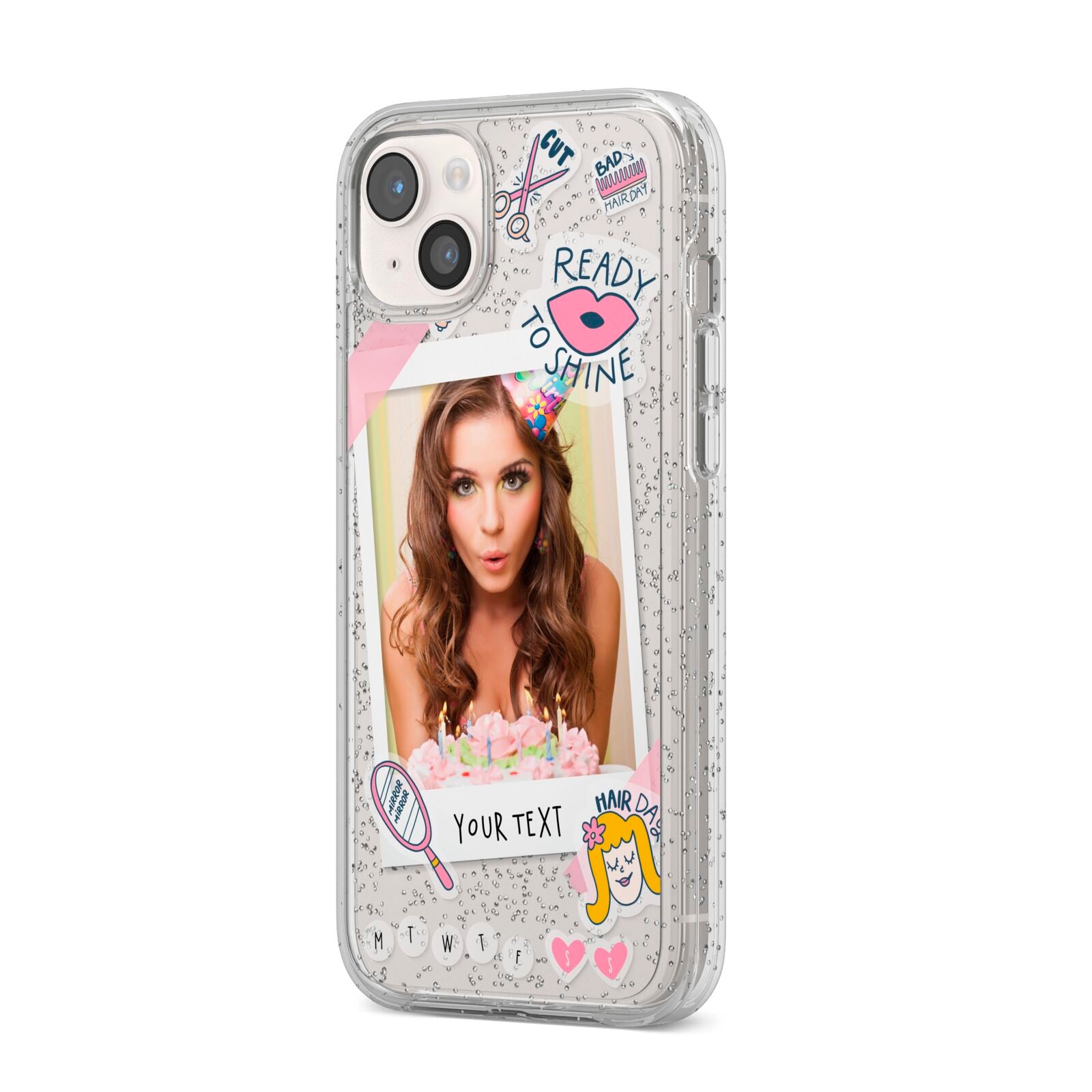 Photo Upload with Text iPhone 14 Plus Glitter Tough Case Starlight Angled Image