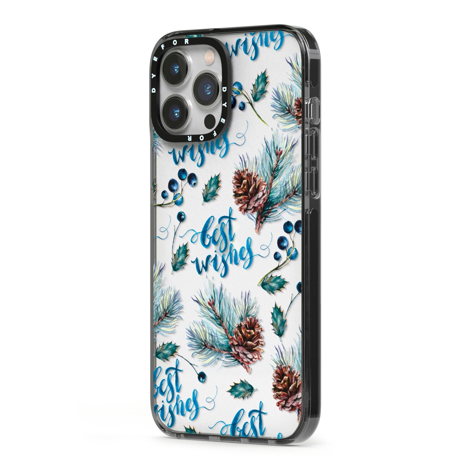 Pine cones wild berries iPhone 13 Pro Max Black Impact Case Side Angle on Silver phone