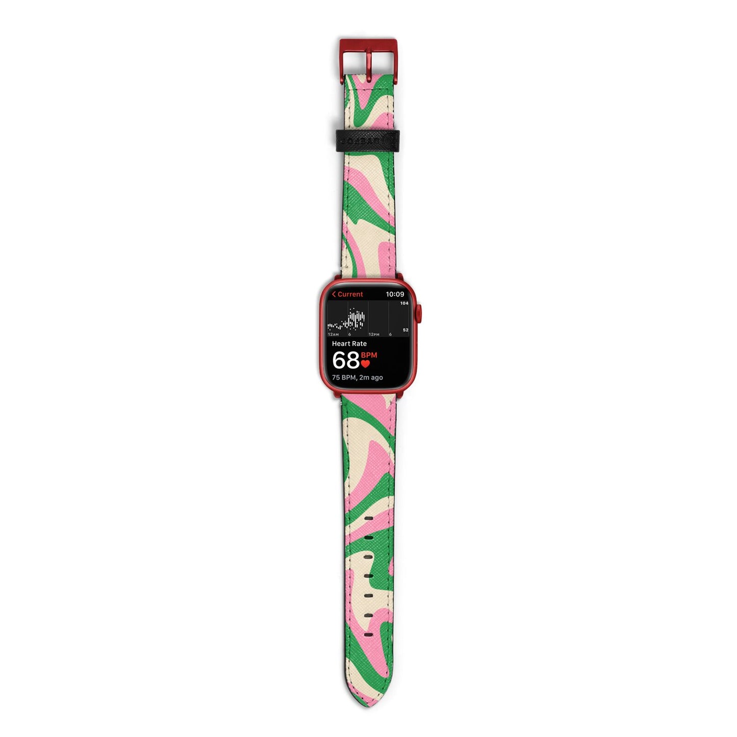 Pink And Green Swirl Apple Watch Strap Size 38mm with Red Hardware