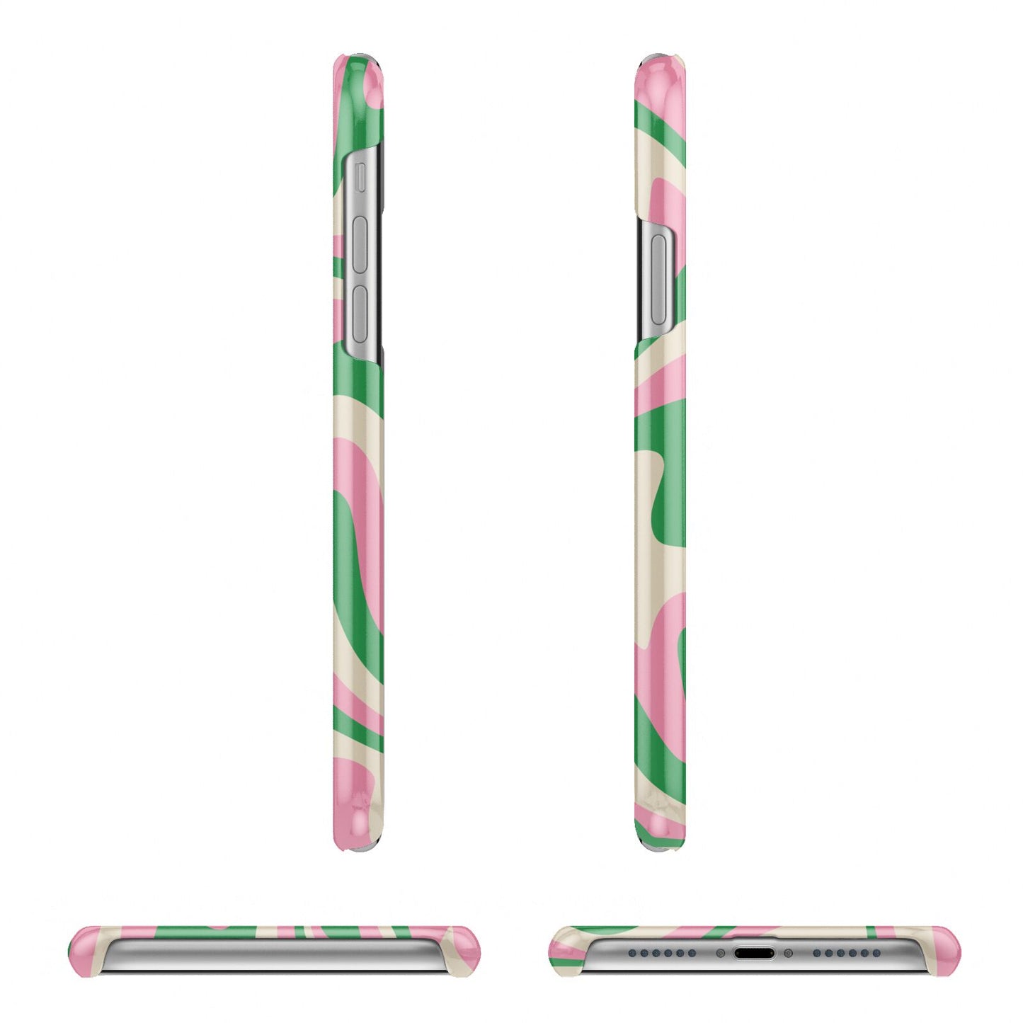 Pink And Green Swirl Apple iPhone XR 3D Wrap Snap Case Angled Images on White Phone