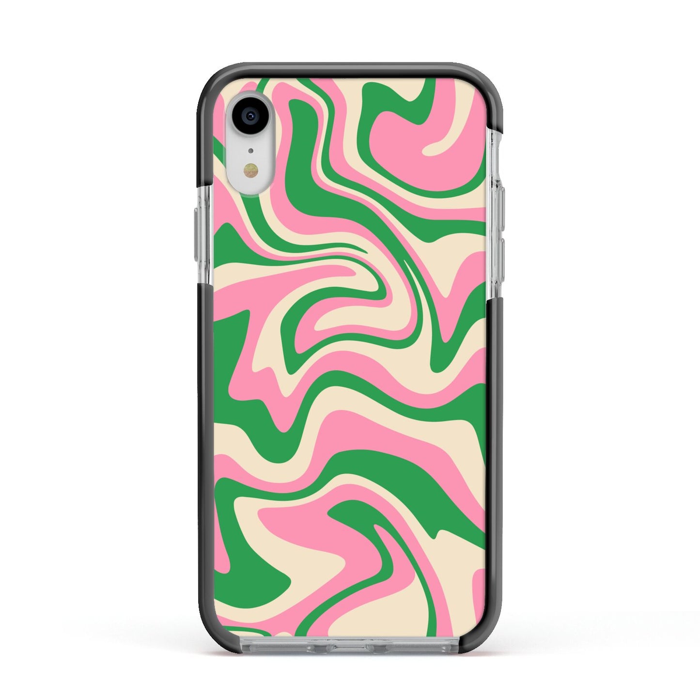 Pink And Green Swirl Apple iPhone XR Impact Case Black Edge on Silver Phone