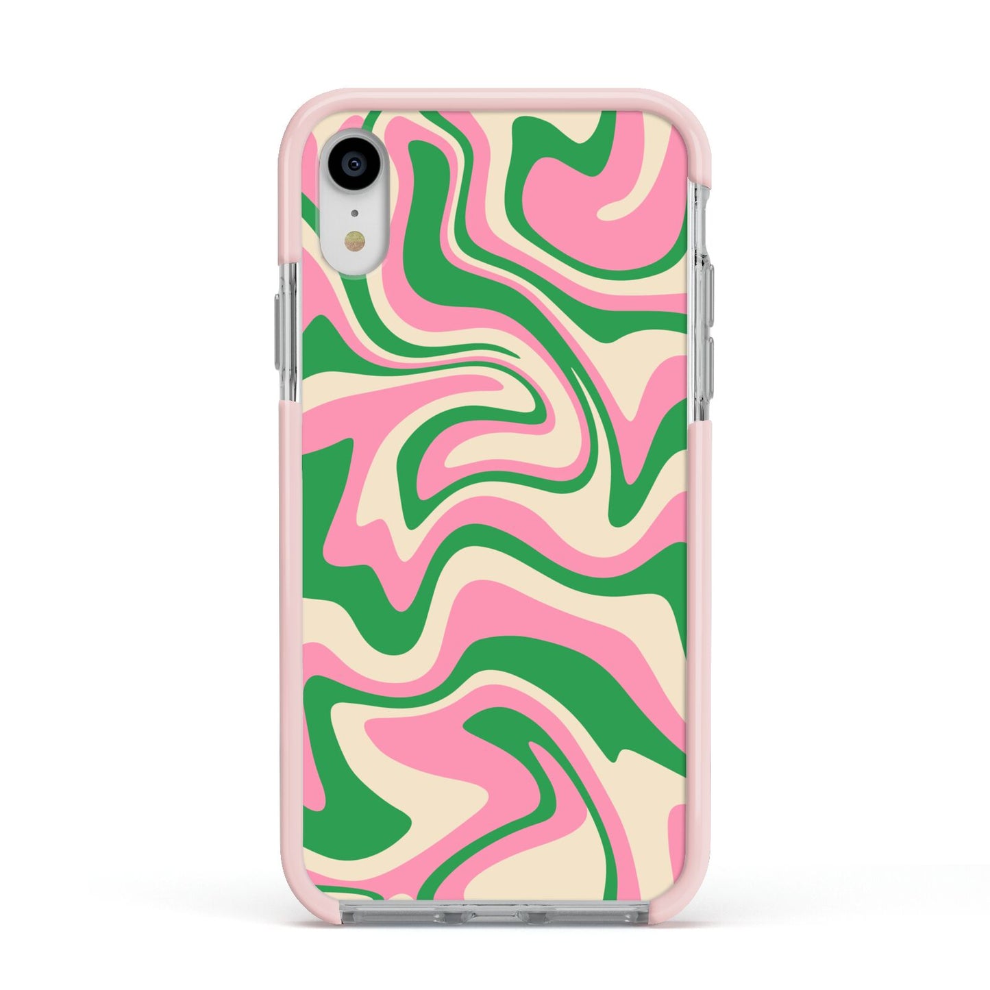 Pink And Green Swirl Apple iPhone XR Impact Case Pink Edge on Silver Phone