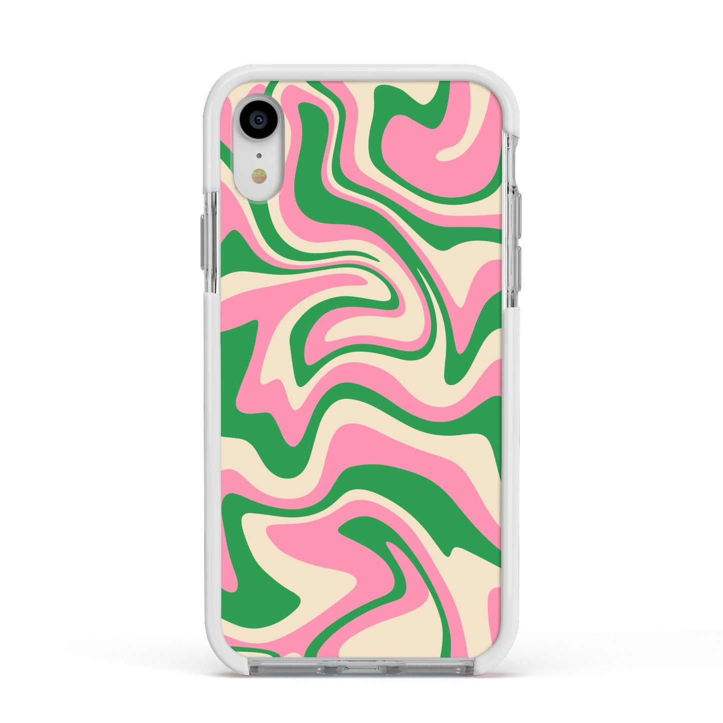 Pink And Green Swirl Apple iPhone XR Impact Case White Edge on Silver Phone