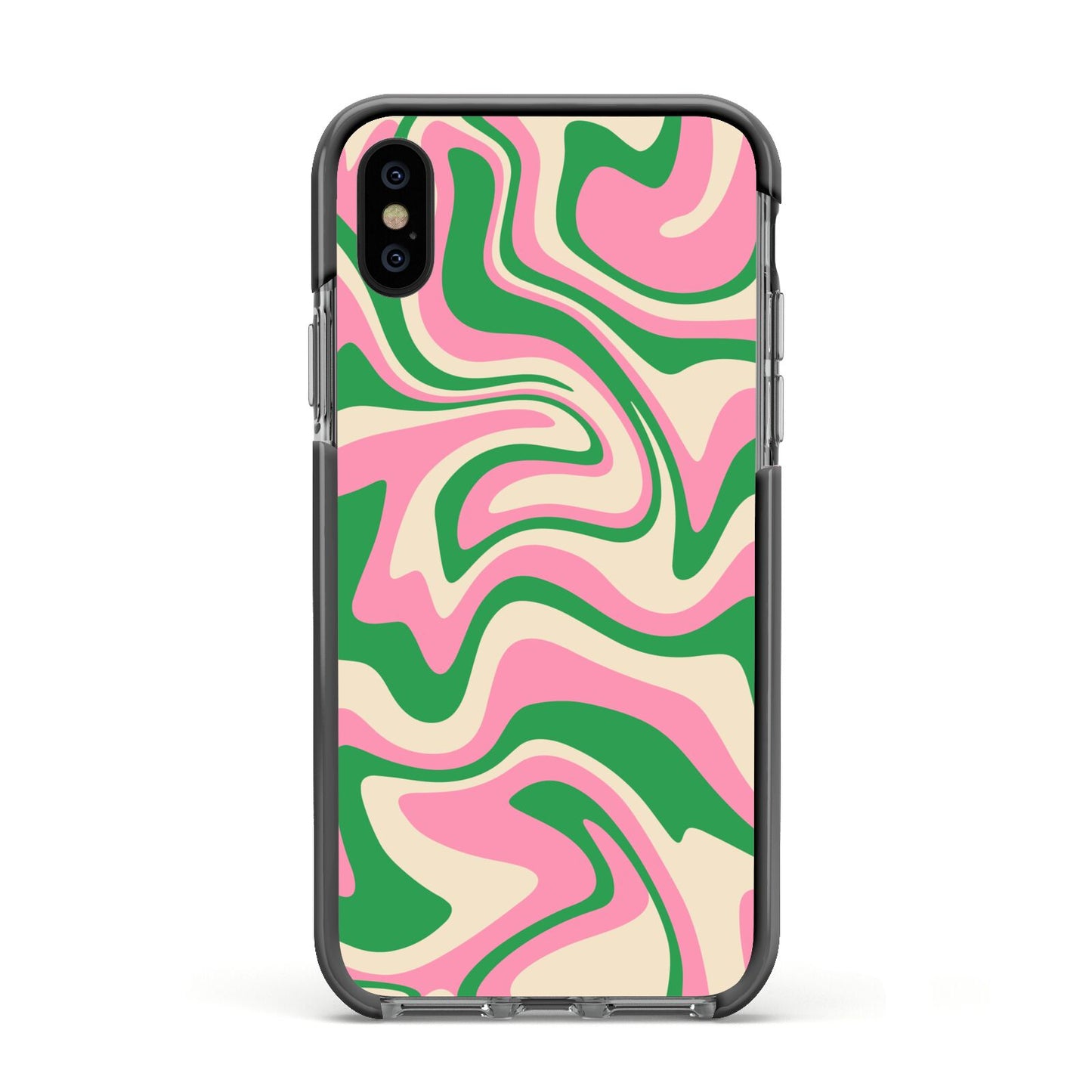 Pink And Green Swirl Apple iPhone Xs Impact Case Black Edge on Black Phone