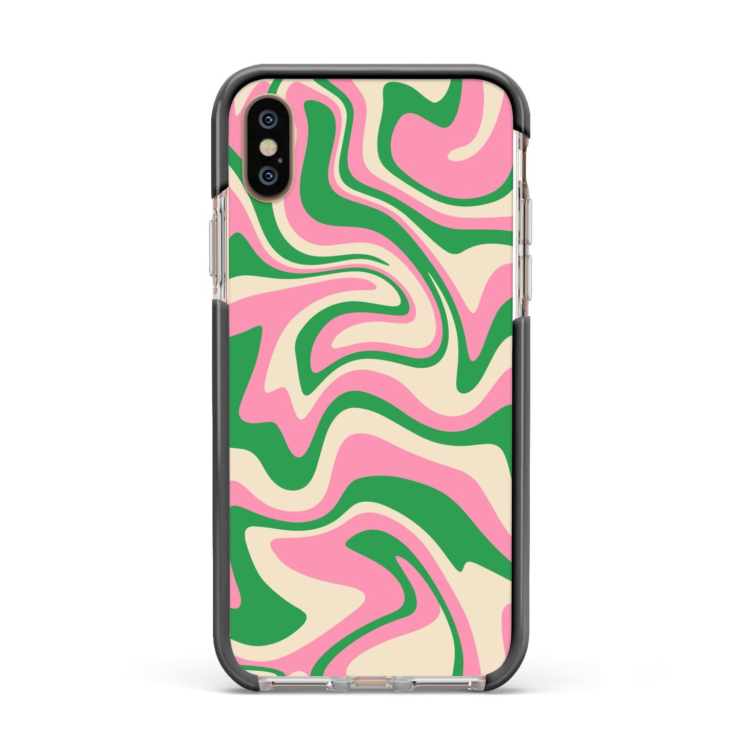 Pink And Green Swirl Apple iPhone Xs Impact Case Black Edge on Gold Phone