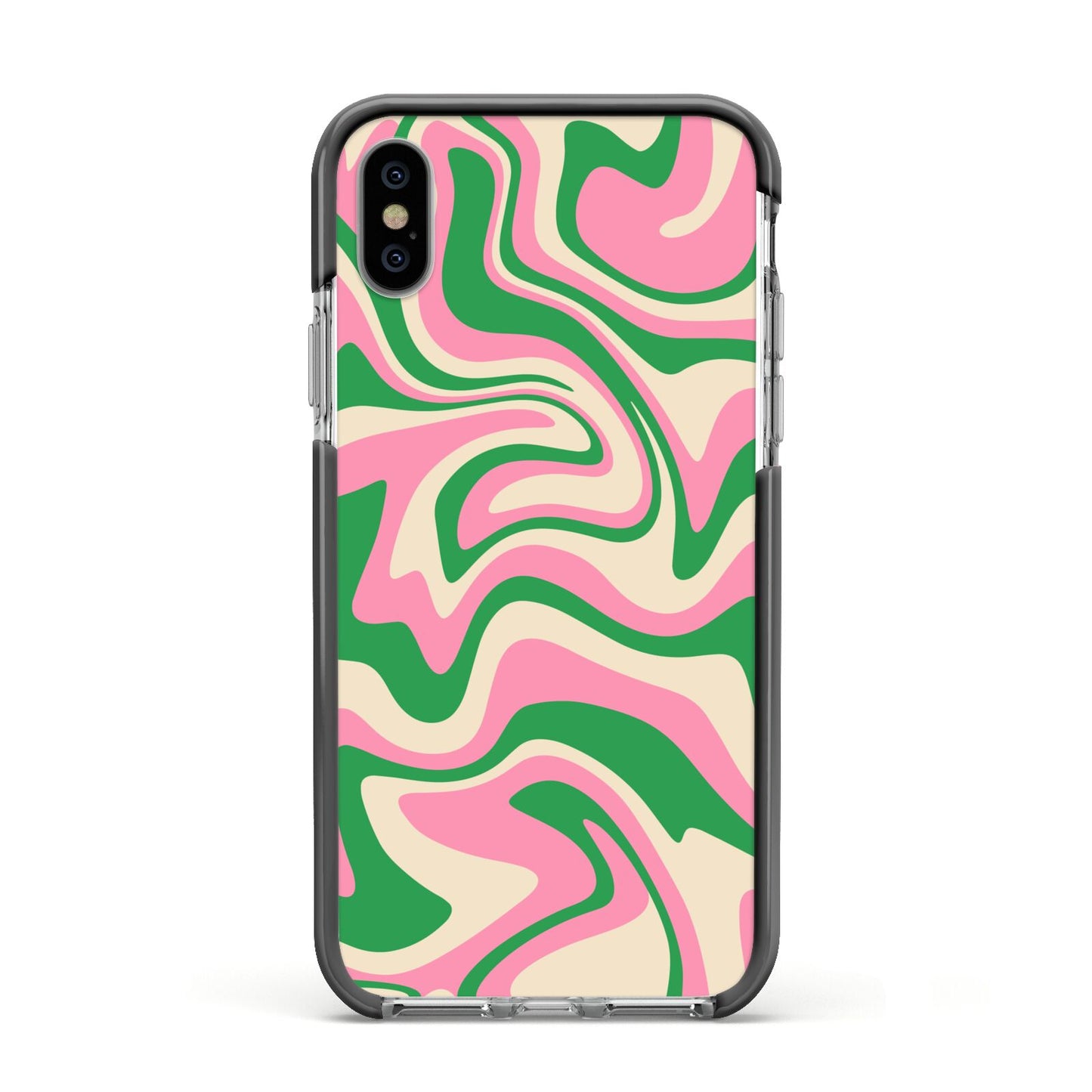 Pink And Green Swirl Apple iPhone Xs Impact Case Black Edge on Silver Phone