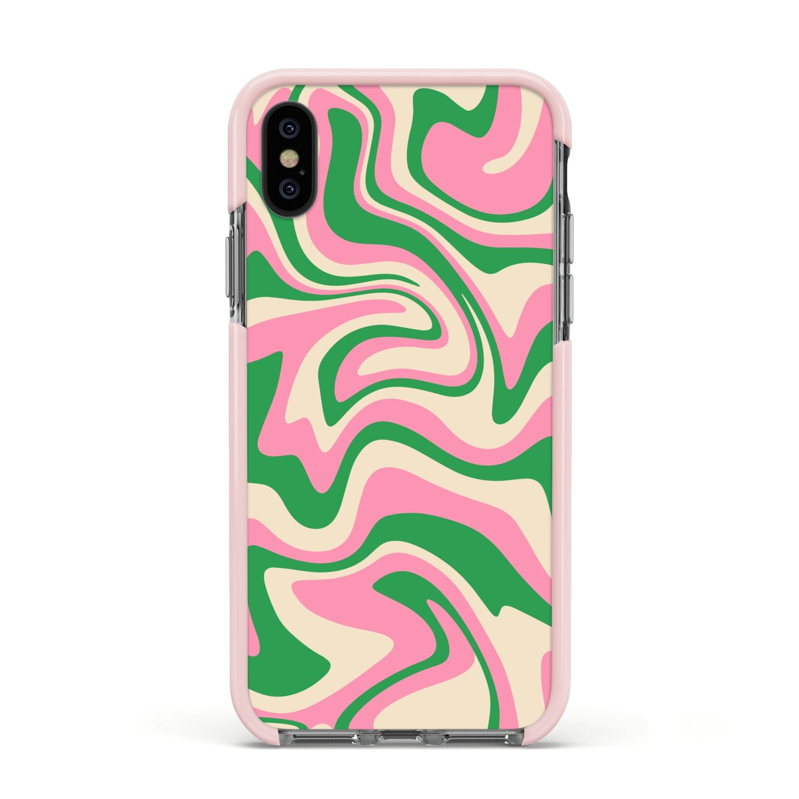 Pink And Green Swirl Apple iPhone Xs Impact Case Pink Edge on Black Phone