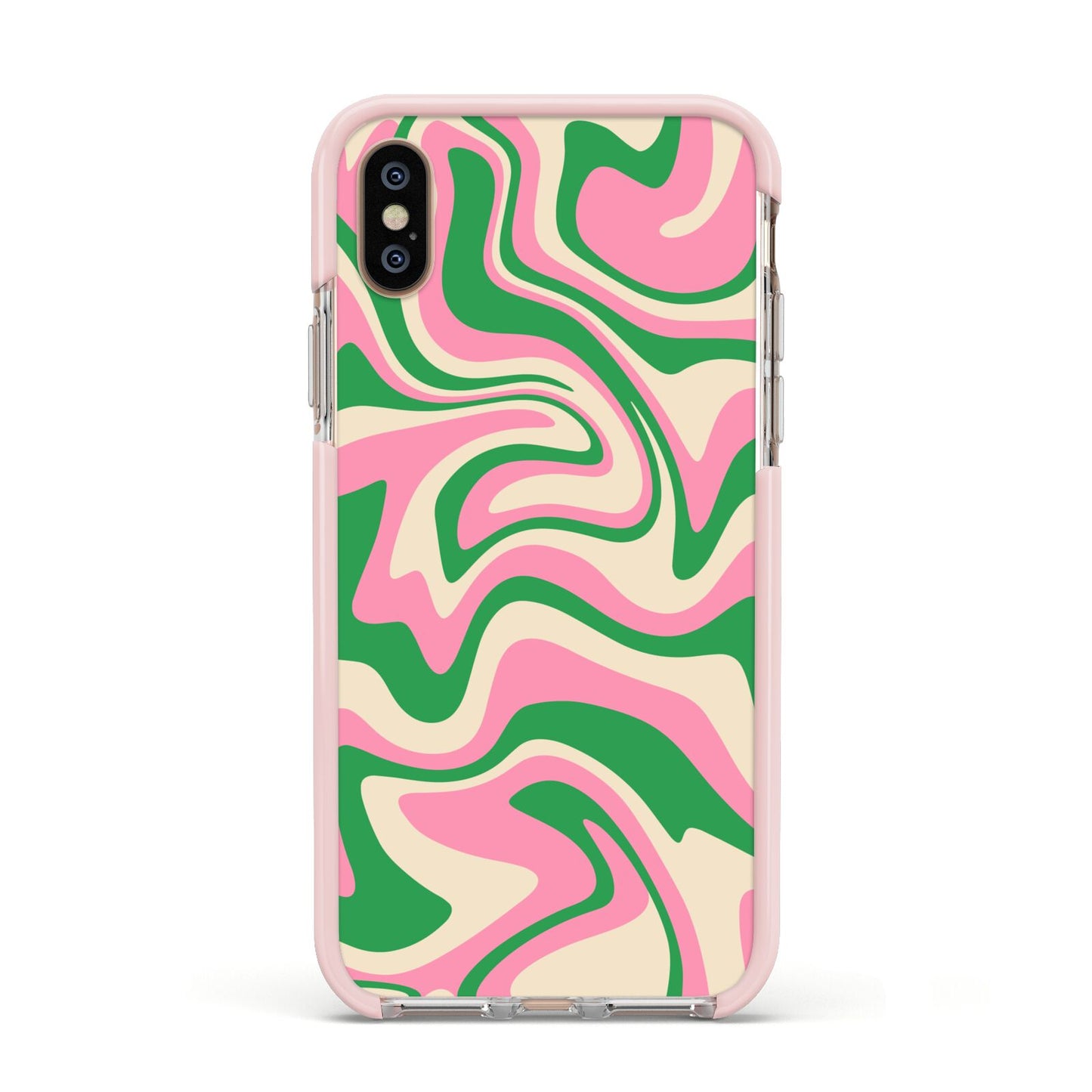 Pink And Green Swirl Apple iPhone Xs Impact Case Pink Edge on Gold Phone