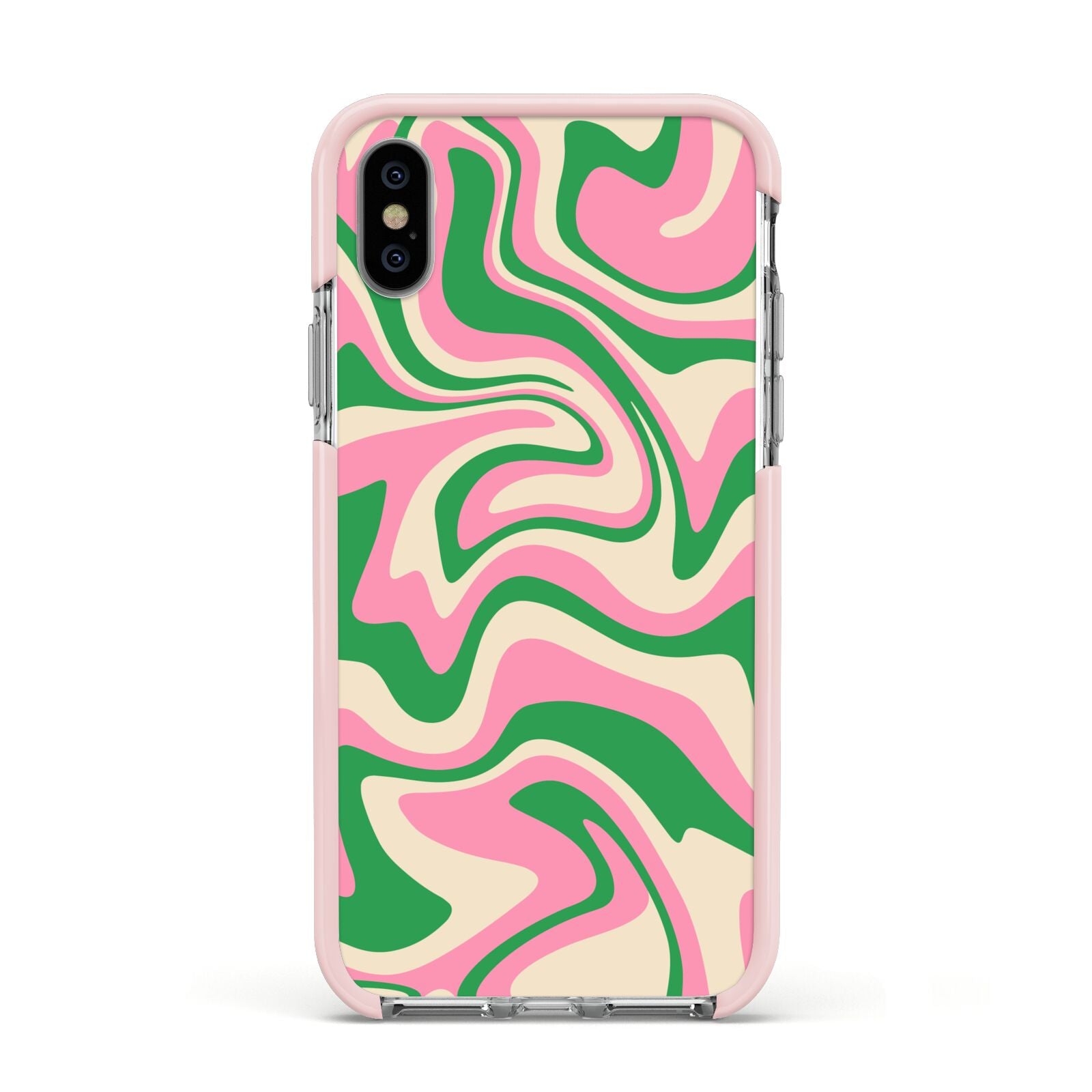 Pink And Green Swirl Apple iPhone Xs Impact Case Pink Edge on Silver Phone