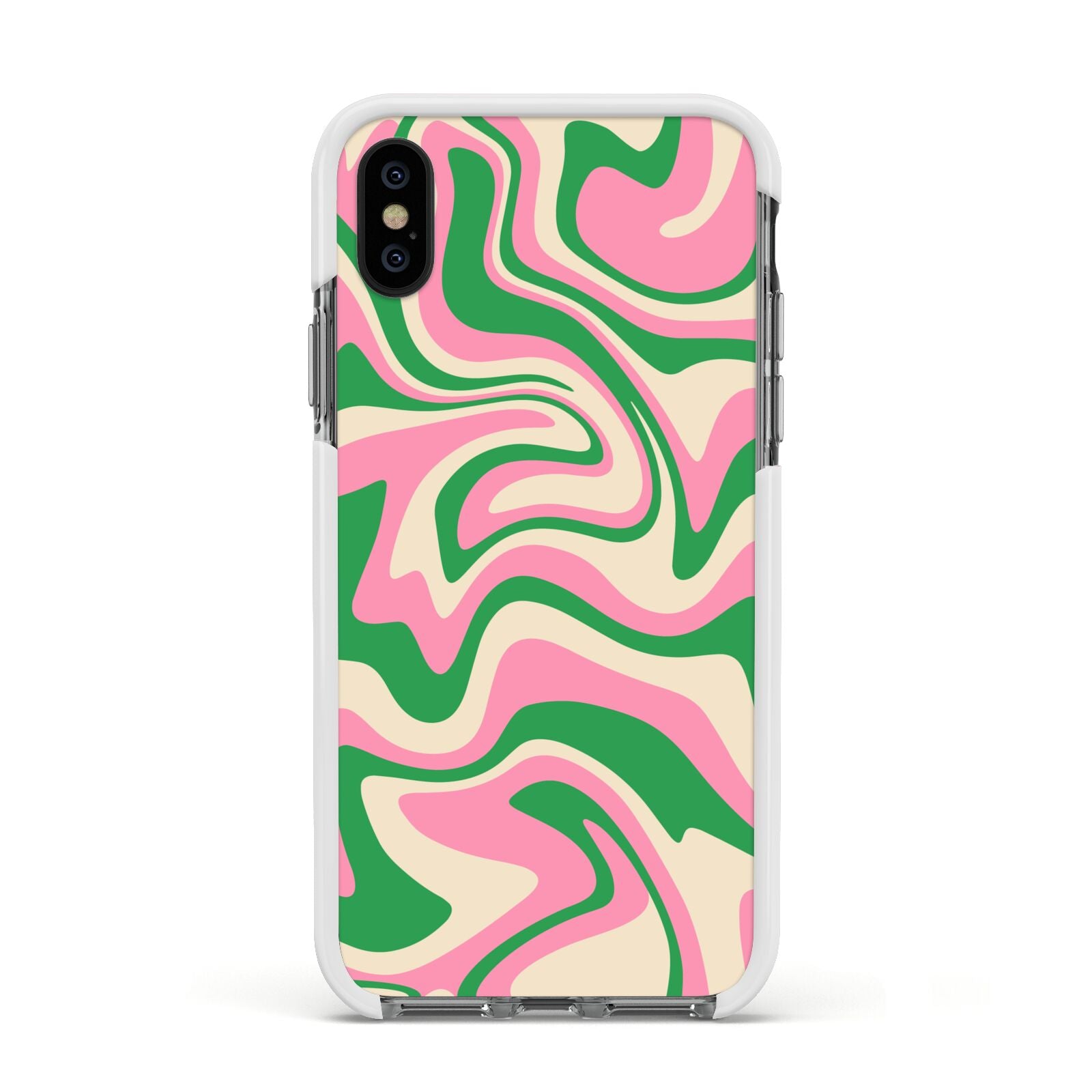 Pink And Green Swirl Apple iPhone Xs Impact Case White Edge on Black Phone