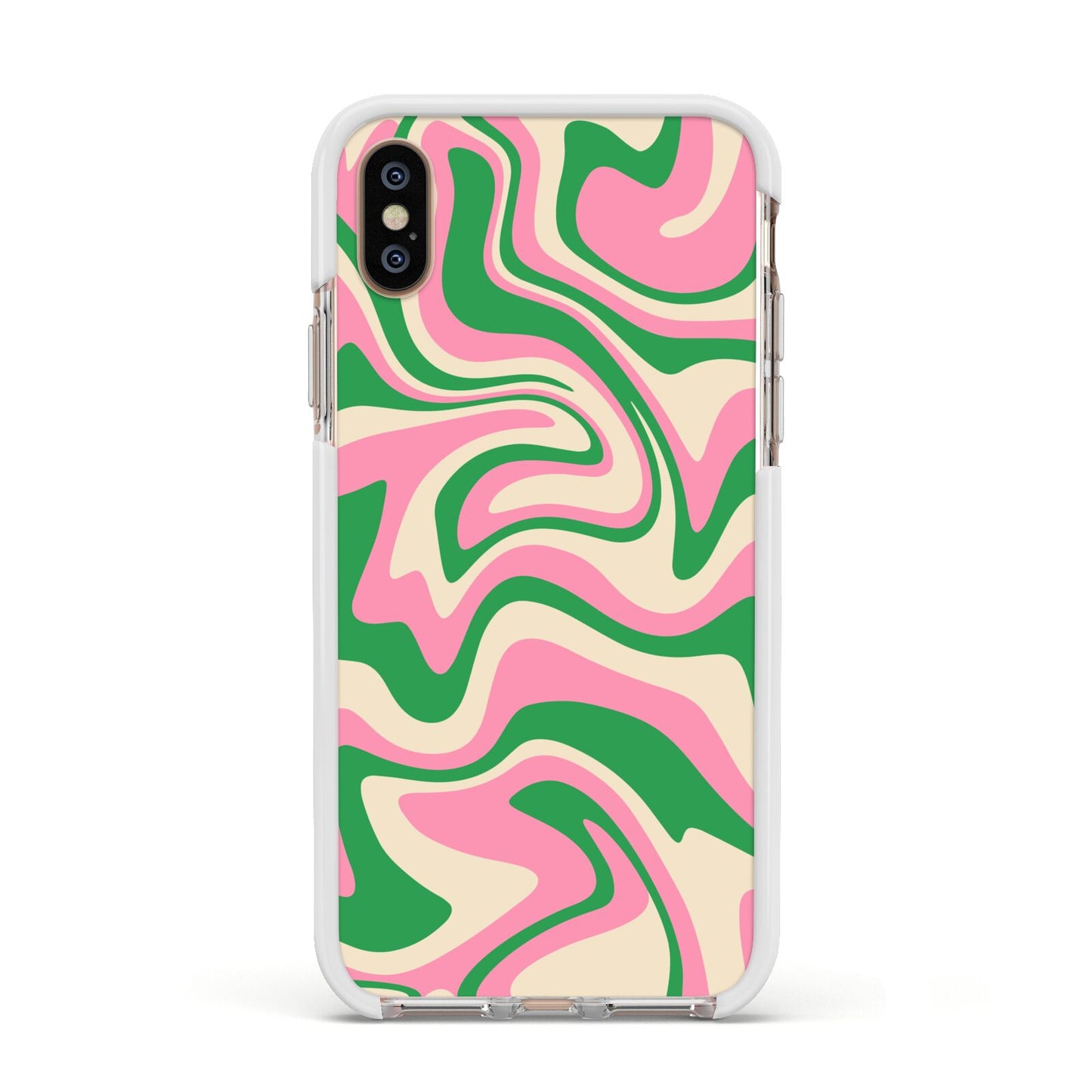 Pink And Green Swirl Apple iPhone Xs Impact Case White Edge on Gold Phone