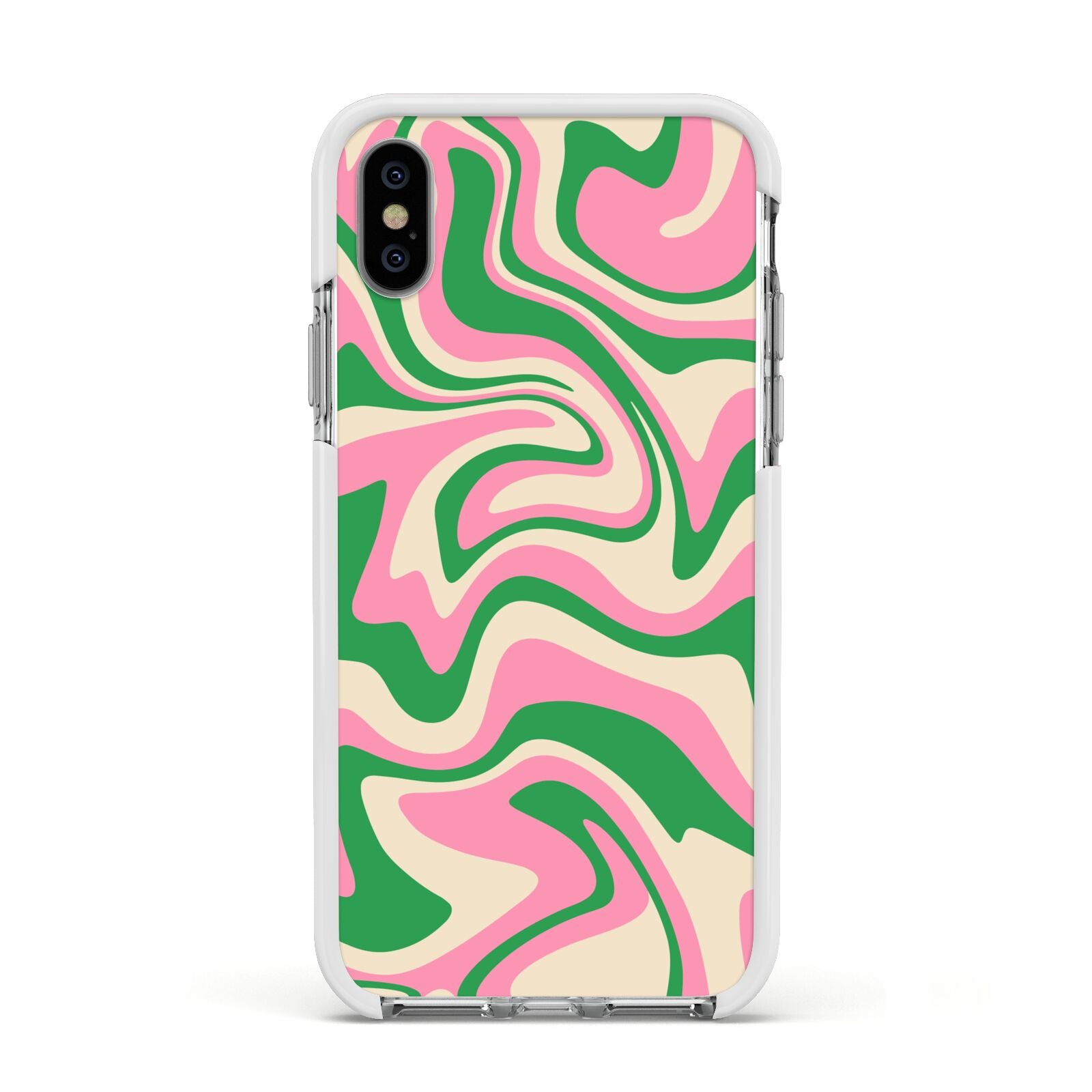 Pink And Green Swirl Apple iPhone Xs Impact Case White Edge on Silver Phone