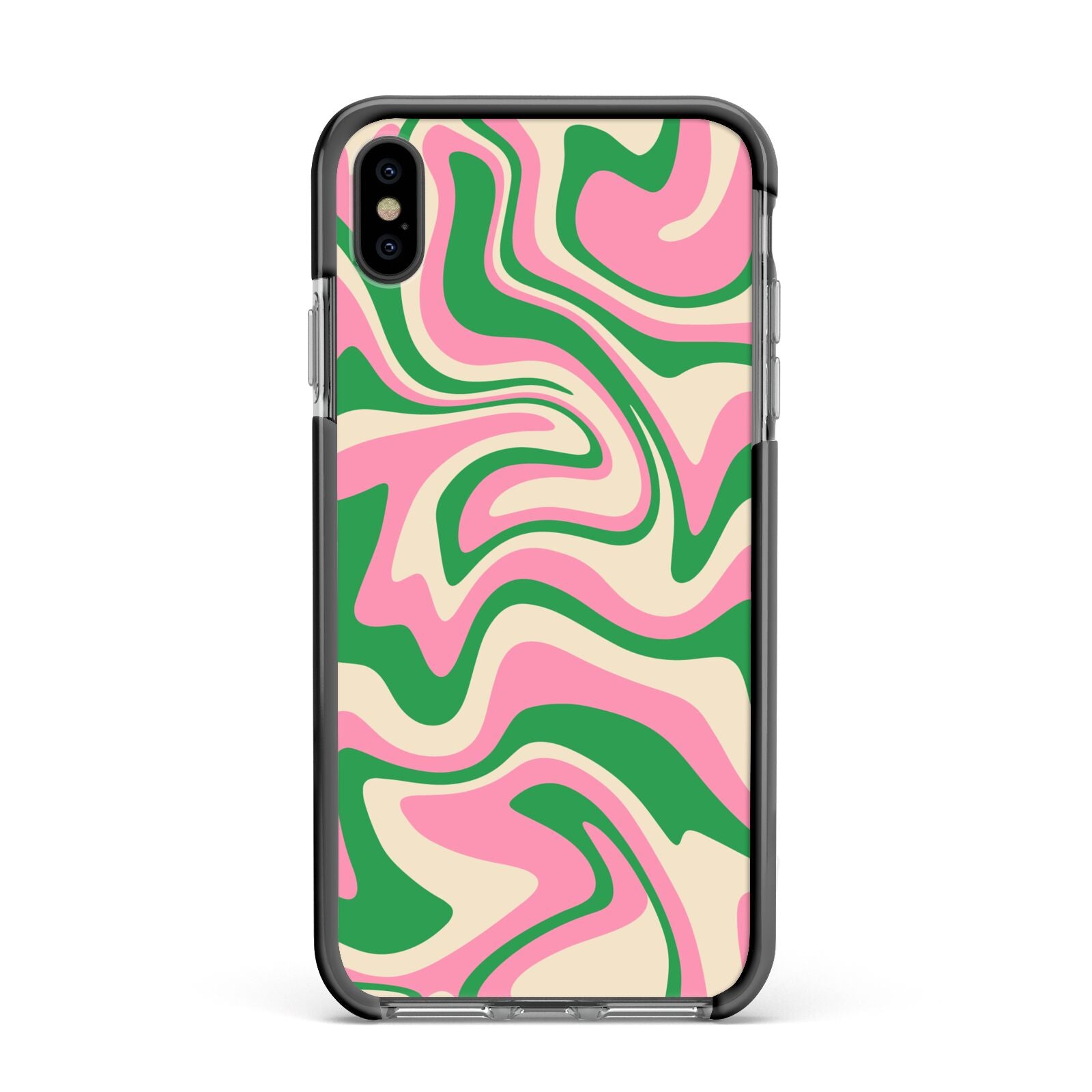 Pink And Green Swirl Apple iPhone Xs Max Impact Case Black Edge on Black Phone